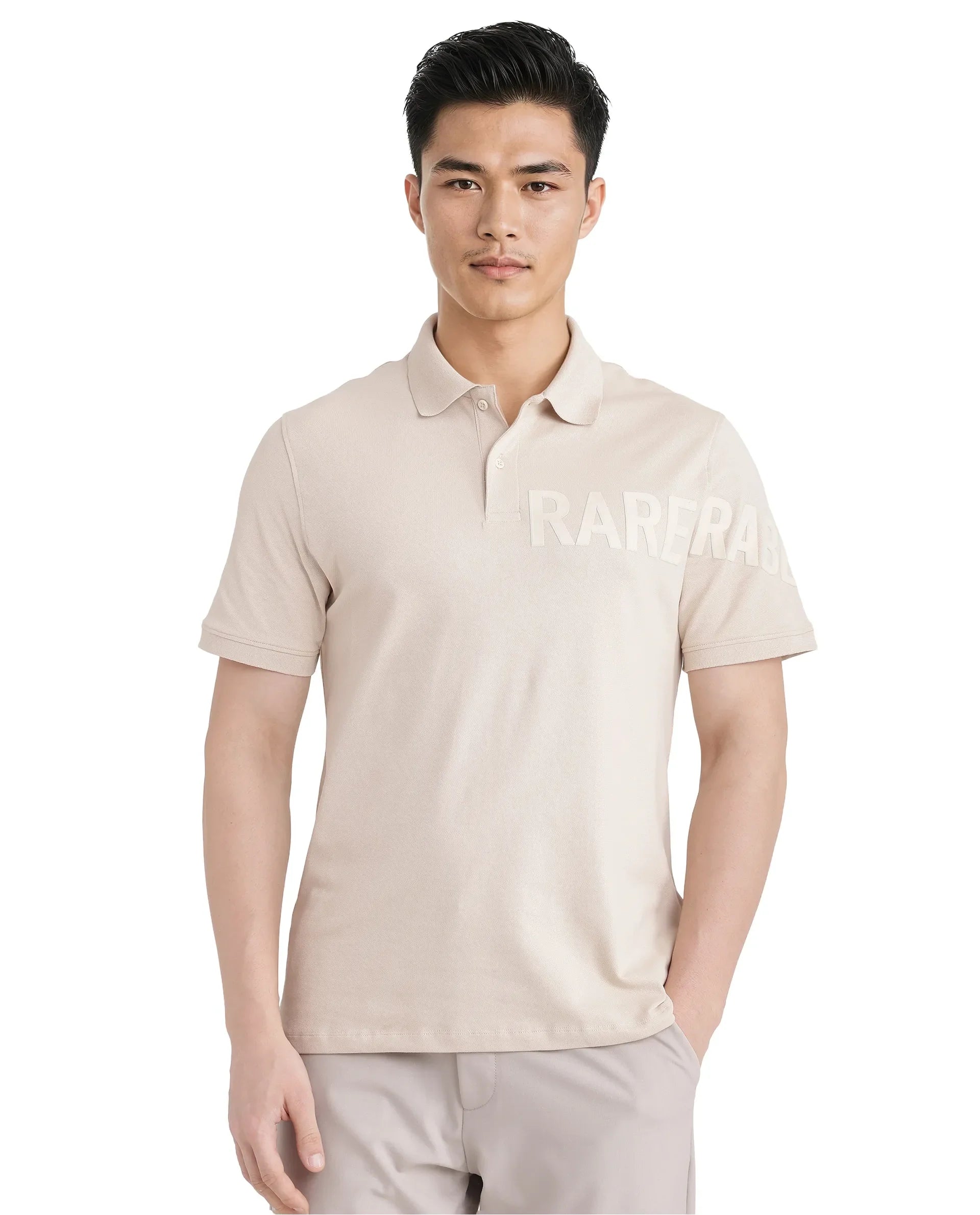 Rare Rabbit Men Taro Light Beige Cotton Blend Short Sleeve Regular Fit Regular Collared Plain Polo