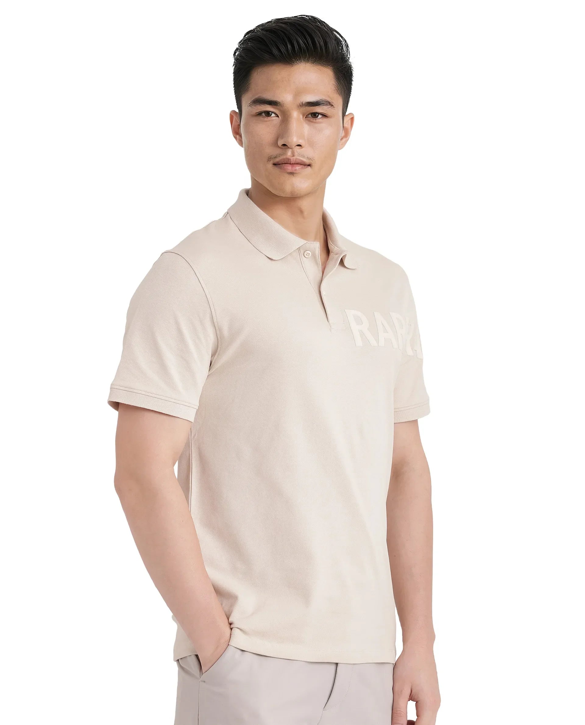 Rare Rabbit Men Taro Light Beige Cotton Blend Short Sleeve Regular Fit Regular Collared Plain Polo
