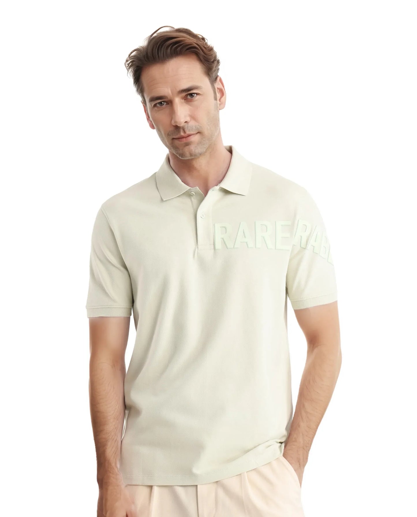 Rare Rabbit Men Taro Dusky Green Cotton Blend Short Sleeve Regular Fit Regular Collared Plain Polo