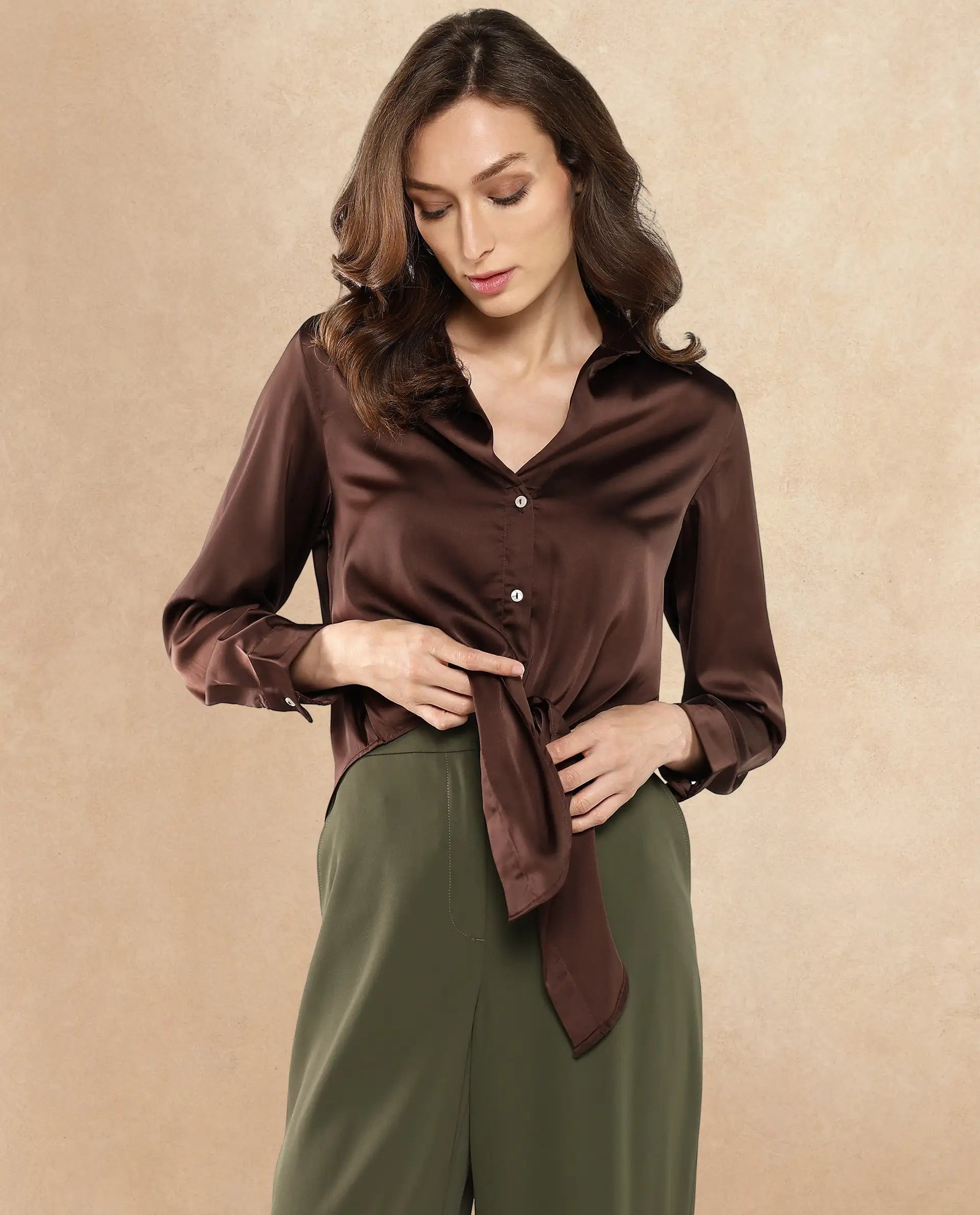 Rareism Women Teen Brown Cuffed Sleeve Collared Collar Button Plain Top