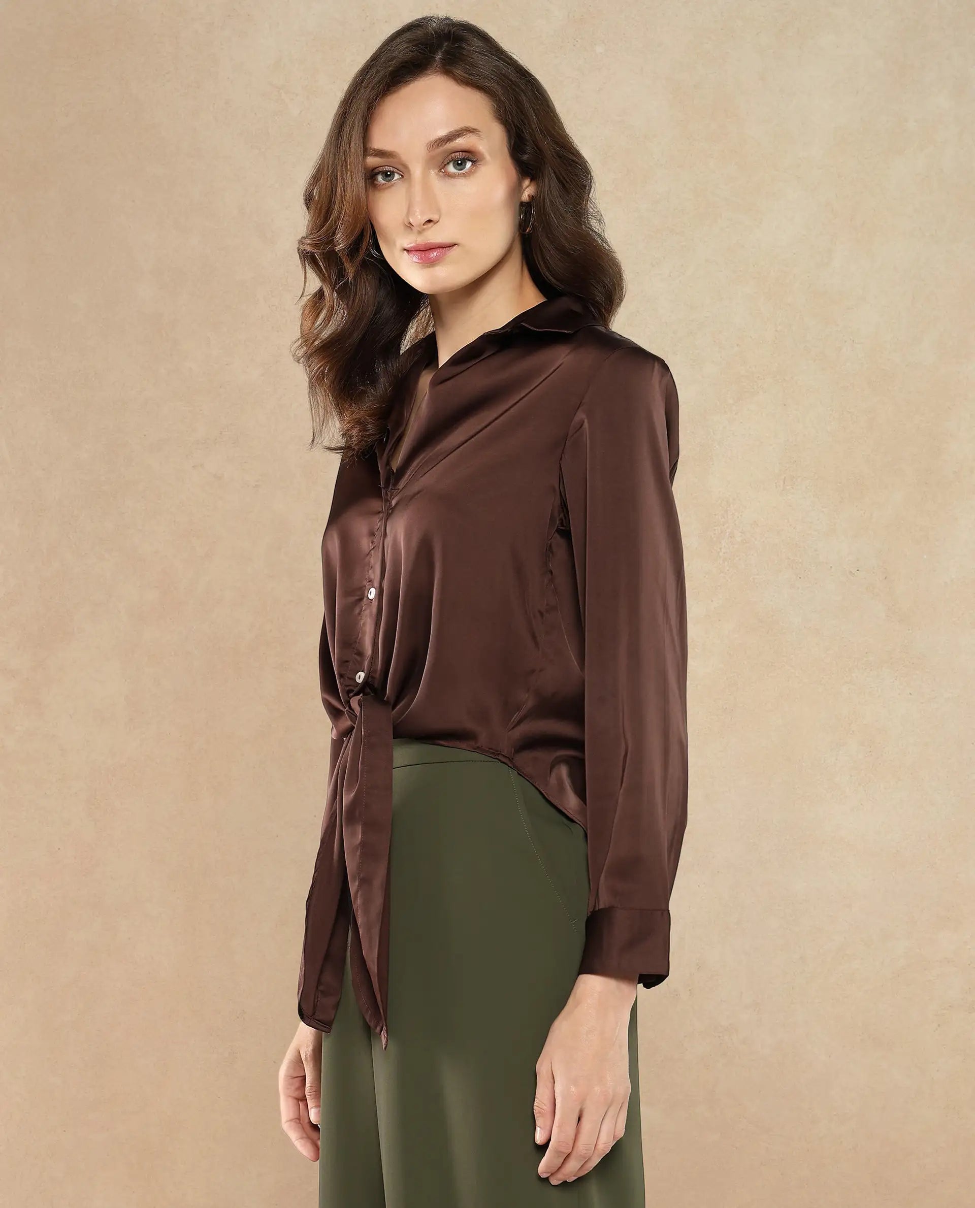 Rareism Women Teen Brown Cuffed Sleeve Collared Collar Button Plain Top