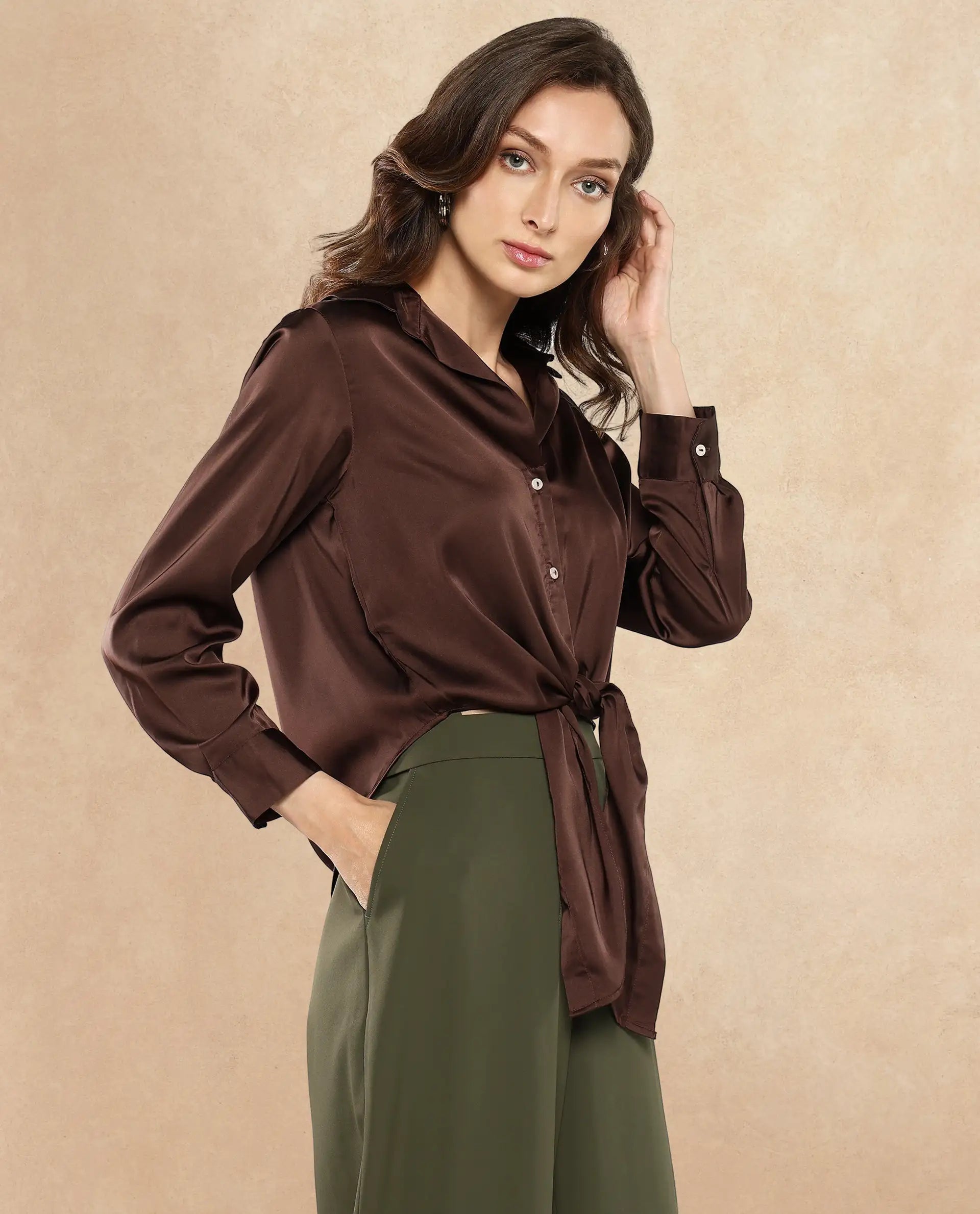 Rareism Women Teen Brown Cuffed Sleeve Collared Collar Button Plain Top