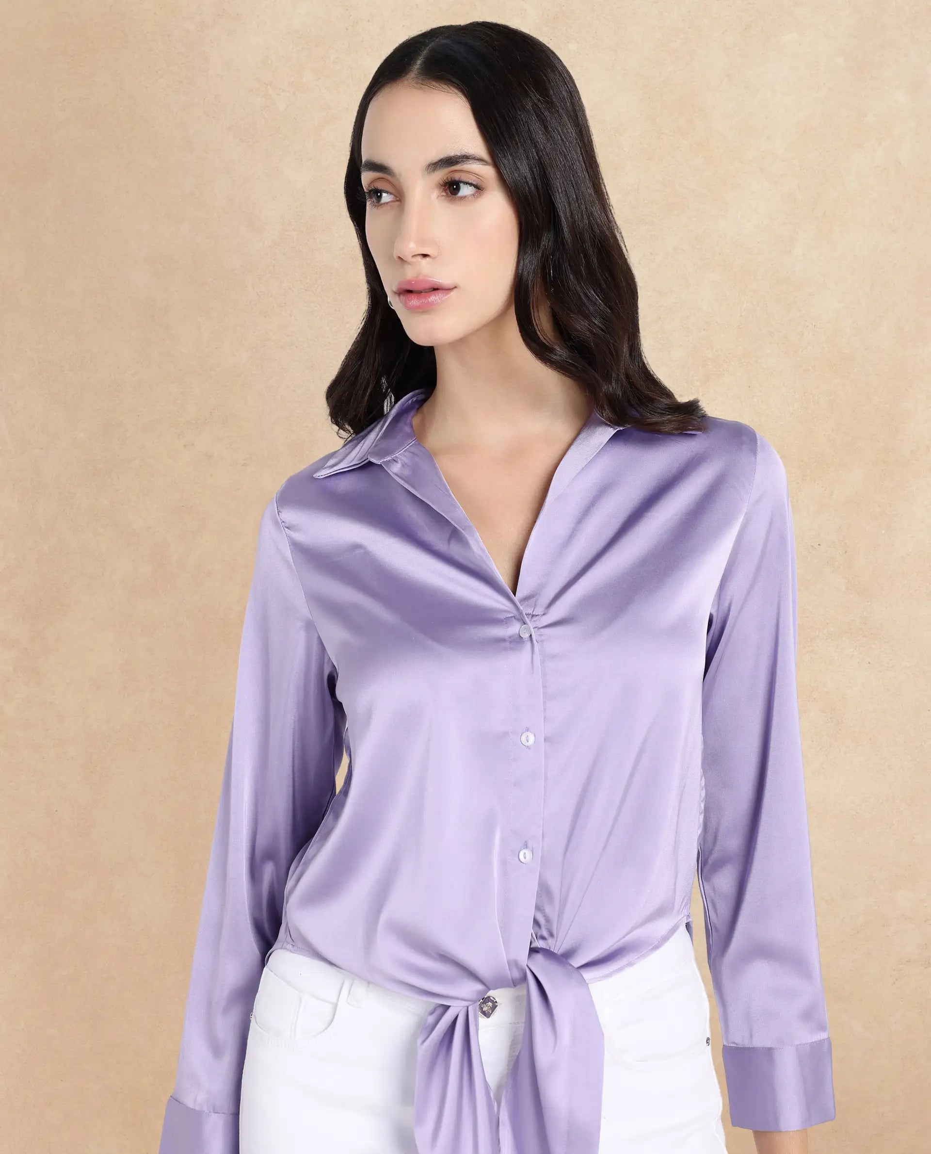 Rareism Women Teen Light Purple Cuffed Sleeve Collared Collar Button Plain Top