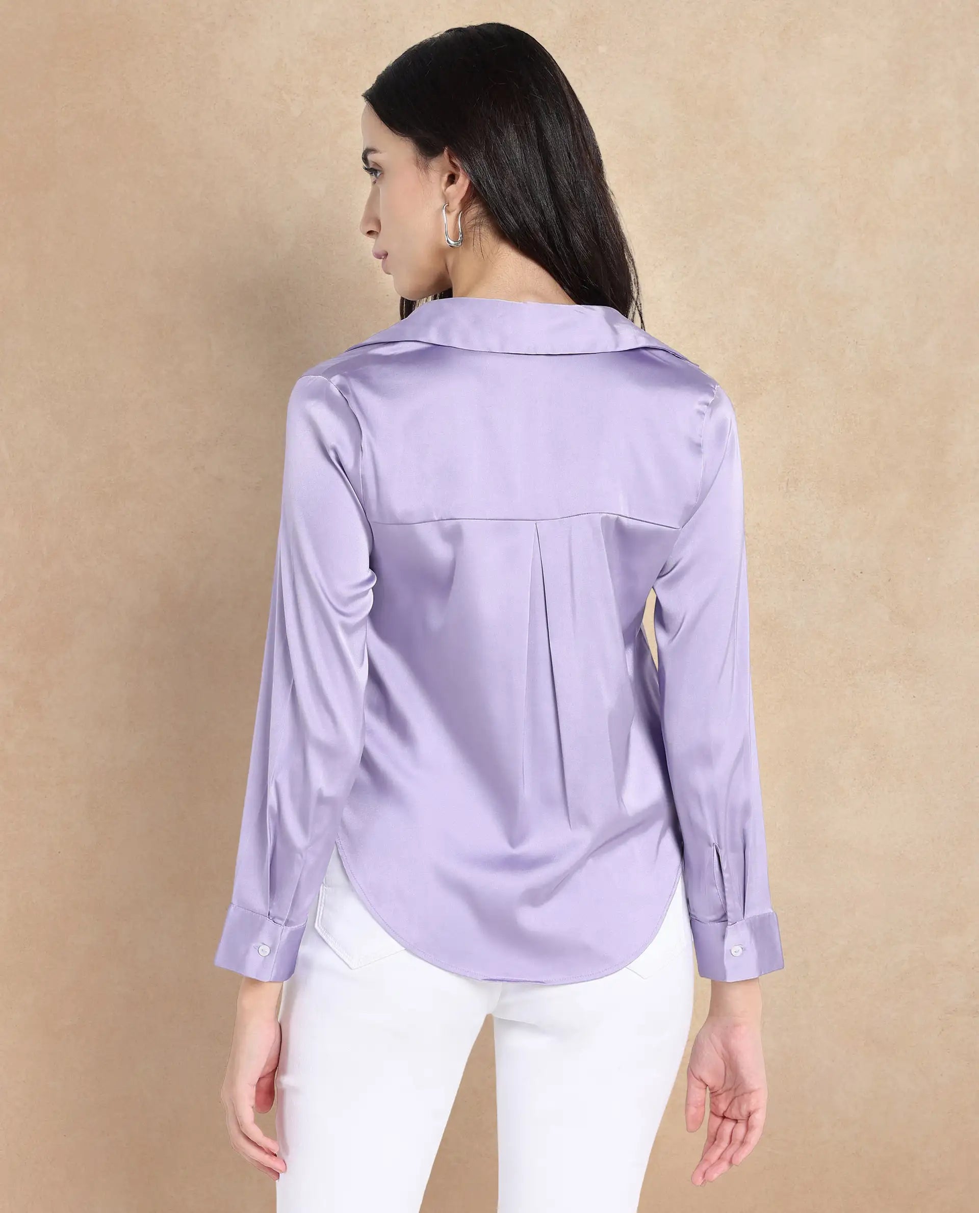 Rareism Women Teen Light Purple Cuffed Sleeve Collared Collar Button Plain Top