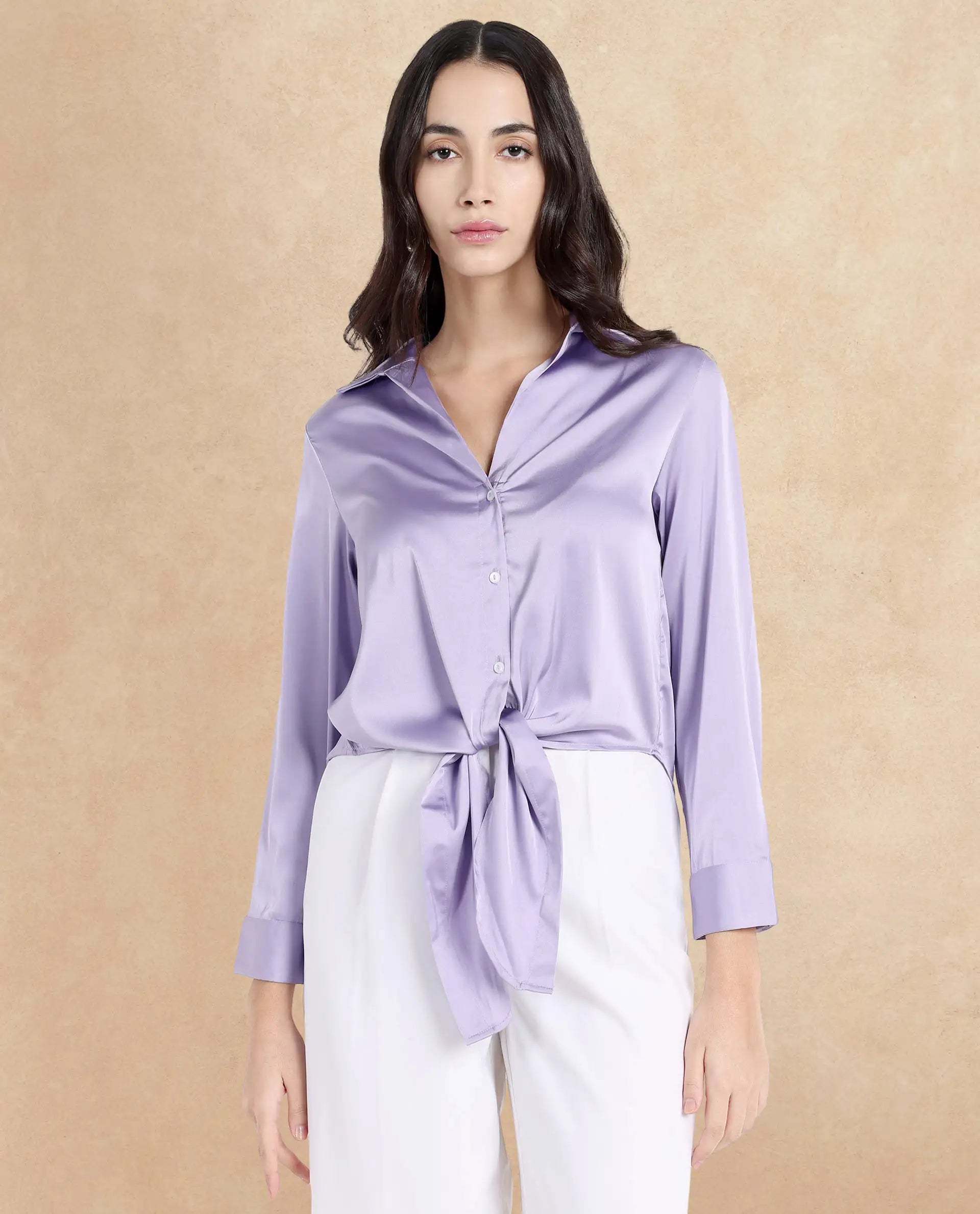 Rareism Women Teen Light Purple Cuffed Sleeve Collared Collar Button Plain Top