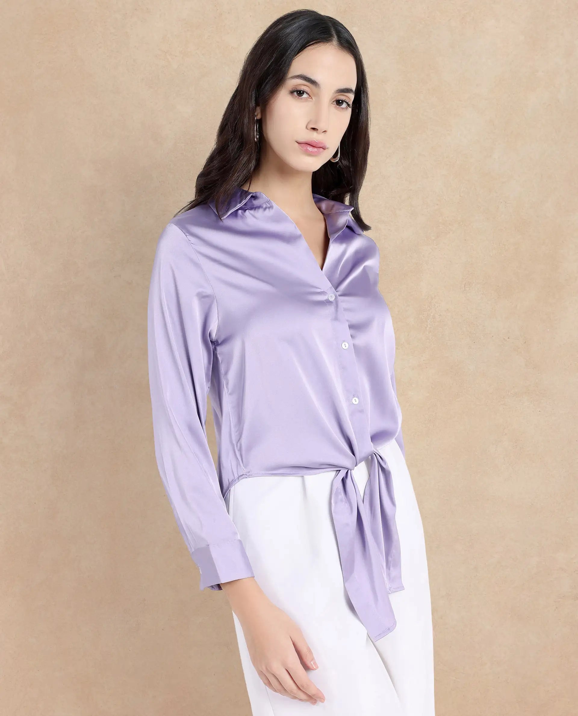 Rareism Women Teen Light Purple Cuffed Sleeve Collared Collar Button Plain Top