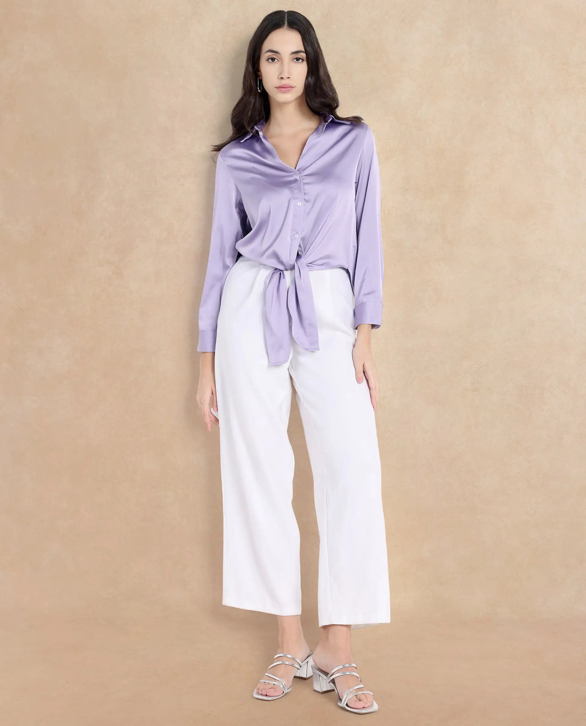 Rareism Women Teen Light Purple Cuffed Sleeve Collared Collar Button Plain Top