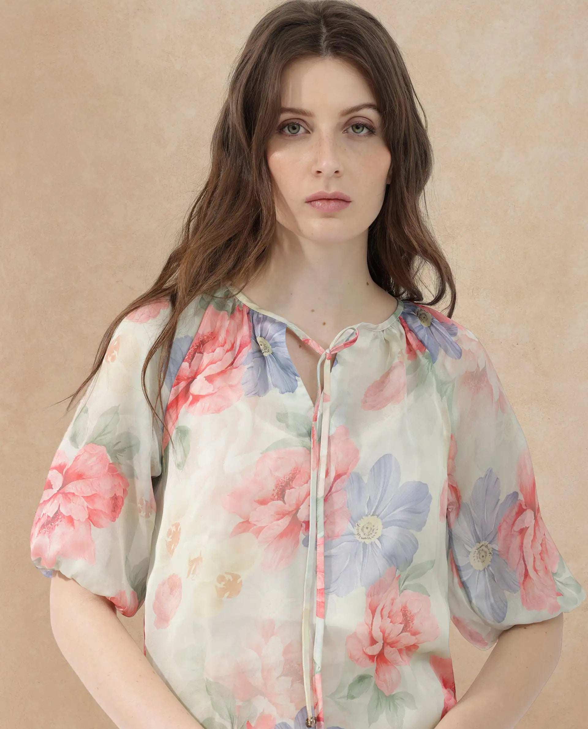 Rareism Women Tella Light Green Cotton Fabric 3/4Th Sleeves Tie-Up Closure Tie-Up Neck Raglan Sleeve Relaxed Fit Floral Print Top