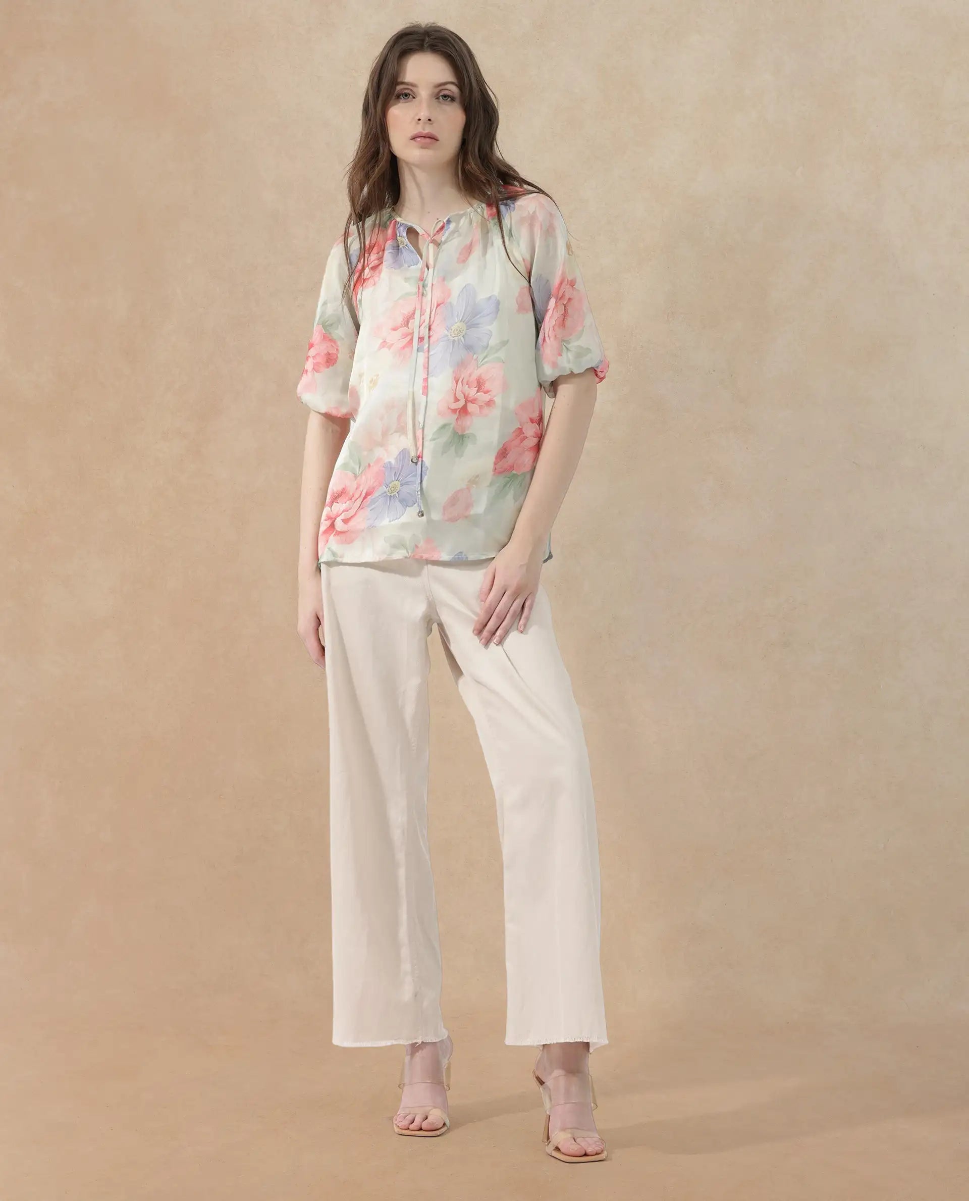 Rareism Women Tella Light Green Cotton Fabric 3/4Th Sleeves Tie-Up Closure Tie-Up Neck Raglan Sleeve Relaxed Fit Floral Print Top