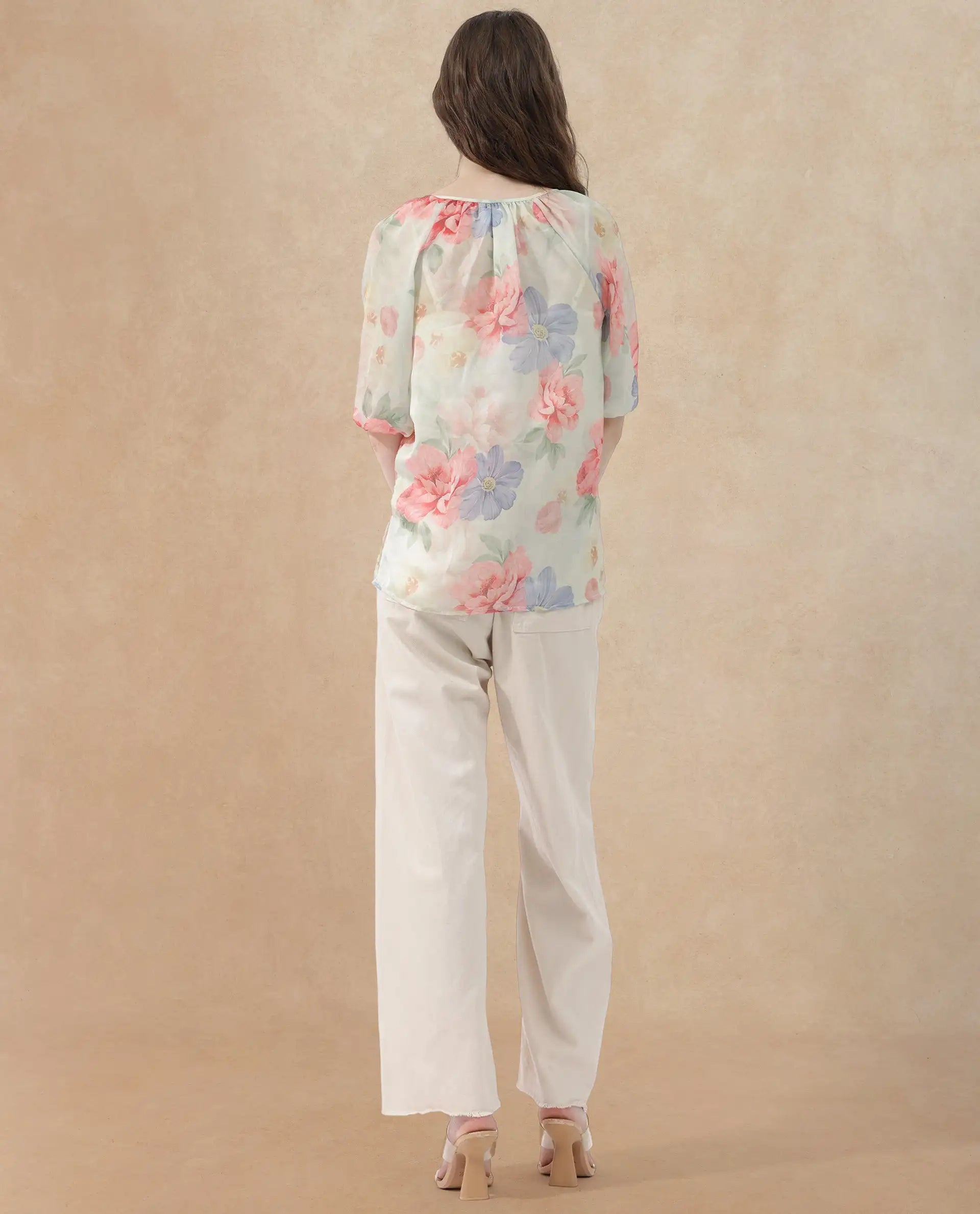 Rareism Women Tella Light Green Cotton Fabric 3/4Th Sleeves Tie-Up Closure Tie-Up Neck Raglan Sleeve Relaxed Fit Floral Print Top