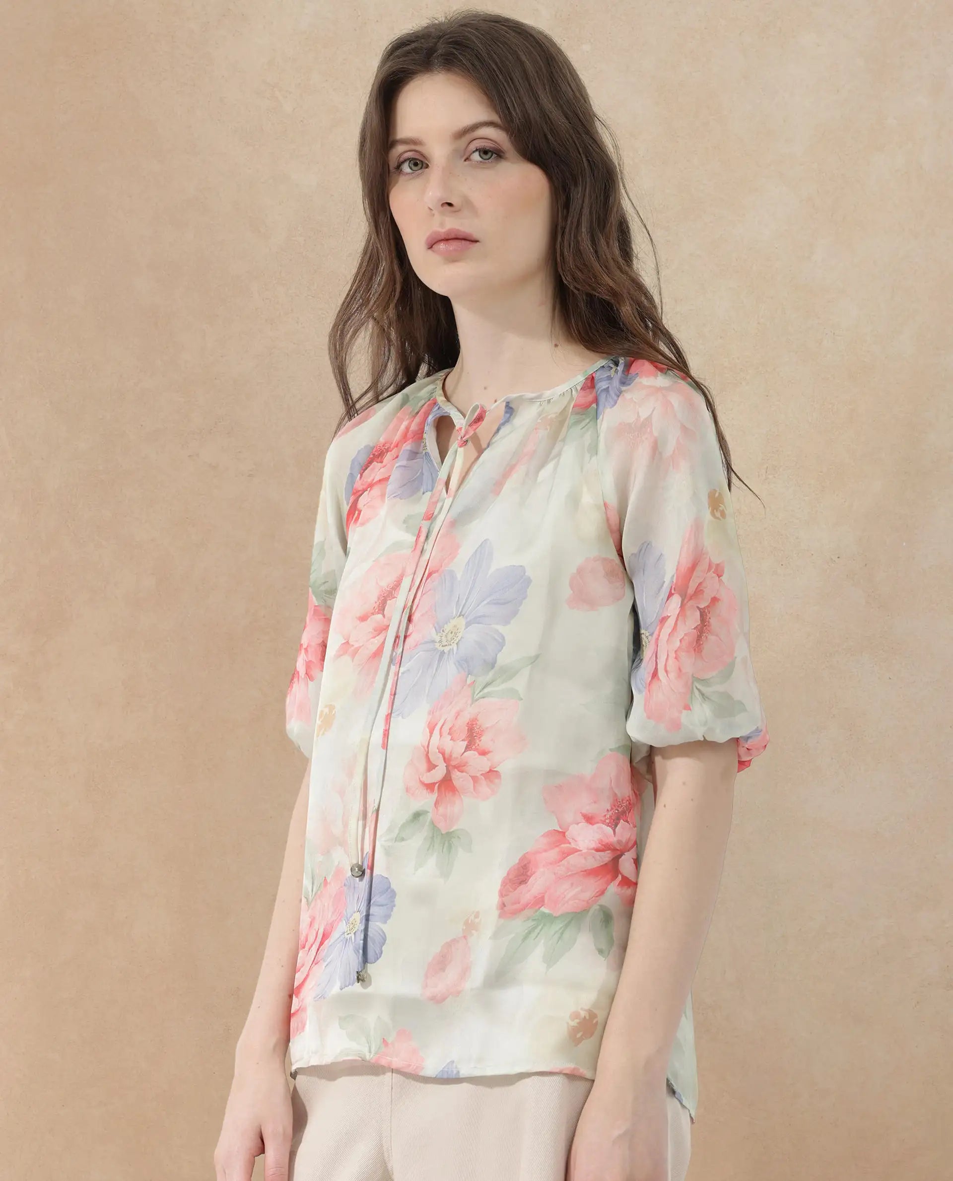 Rareism Women Tella Light Green Cotton Fabric 3/4Th Sleeves Tie-Up Closure Tie-Up Neck Raglan Sleeve Relaxed Fit Floral Print Top