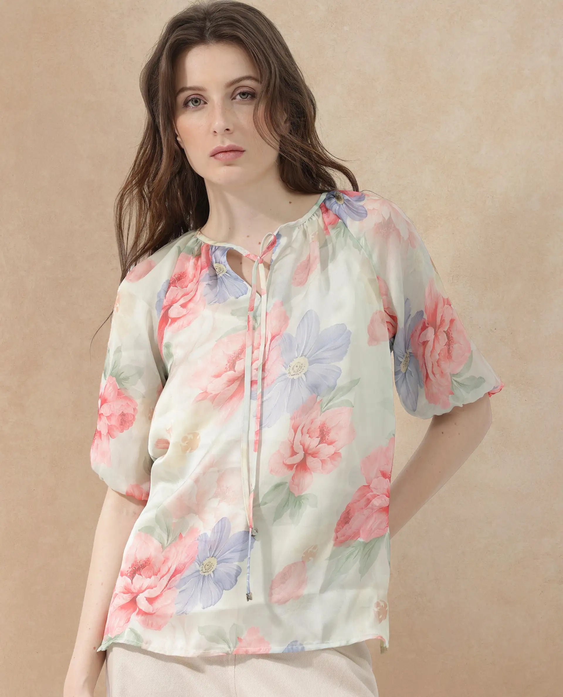 Rareism Women Tella Light Green Cotton Fabric 3/4Th Sleeves Tie-Up Closure Tie-Up Neck Raglan Sleeve Relaxed Fit Floral Print Top