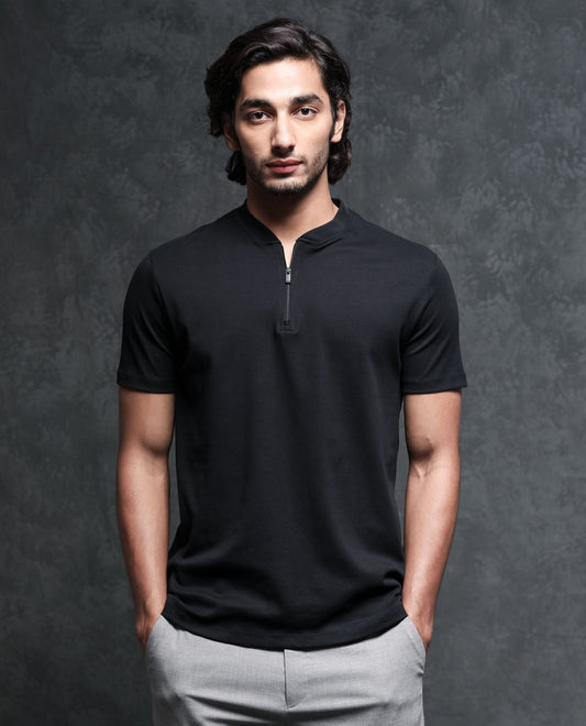 Rare Rabbit Men's Temp Black Cotton Fabric Baseball Stand Collared Neck Zipper Closure Half Sleeves Polo T-Shirt