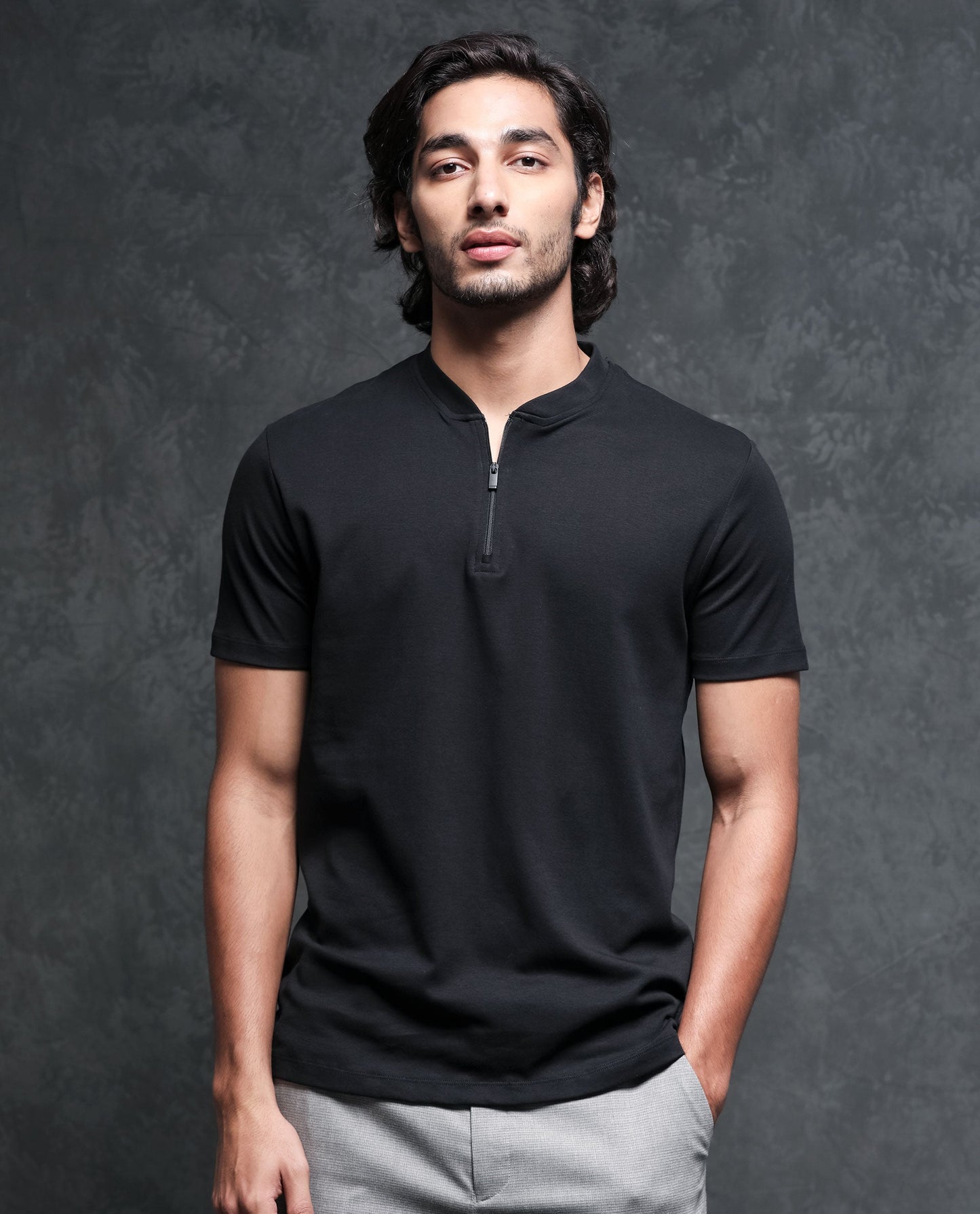 Rare Rabbit Men's Temp Black Cotton Fabric Baseball Stand Collared Neck Zipper Closure Half Sleeves Polo T-Shirt