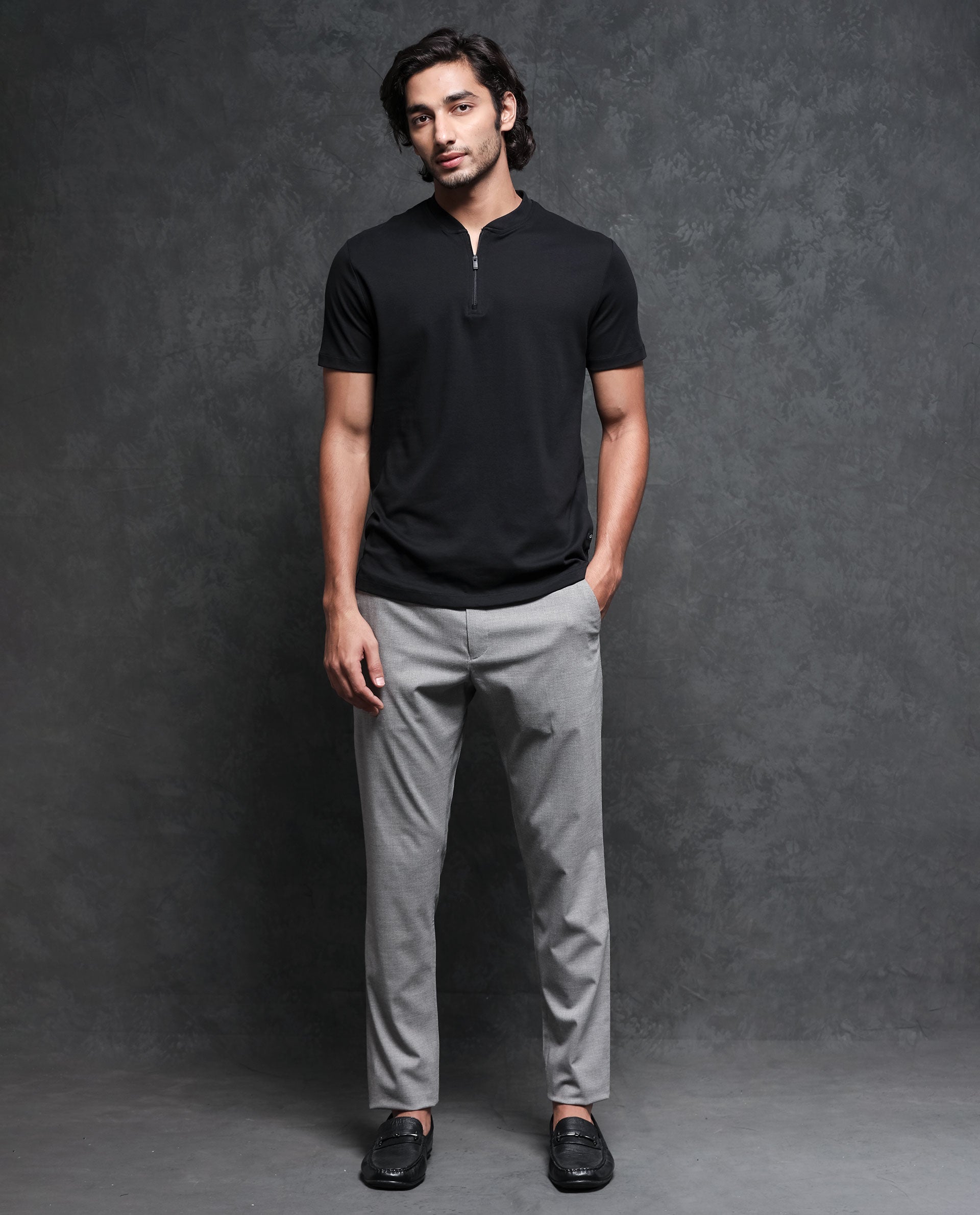 Rare Rabbit Men's Temp Black Cotton Fabric Baseball Stand Collared Neck Zipper Closure Half Sleeves Polo T-Shirt
