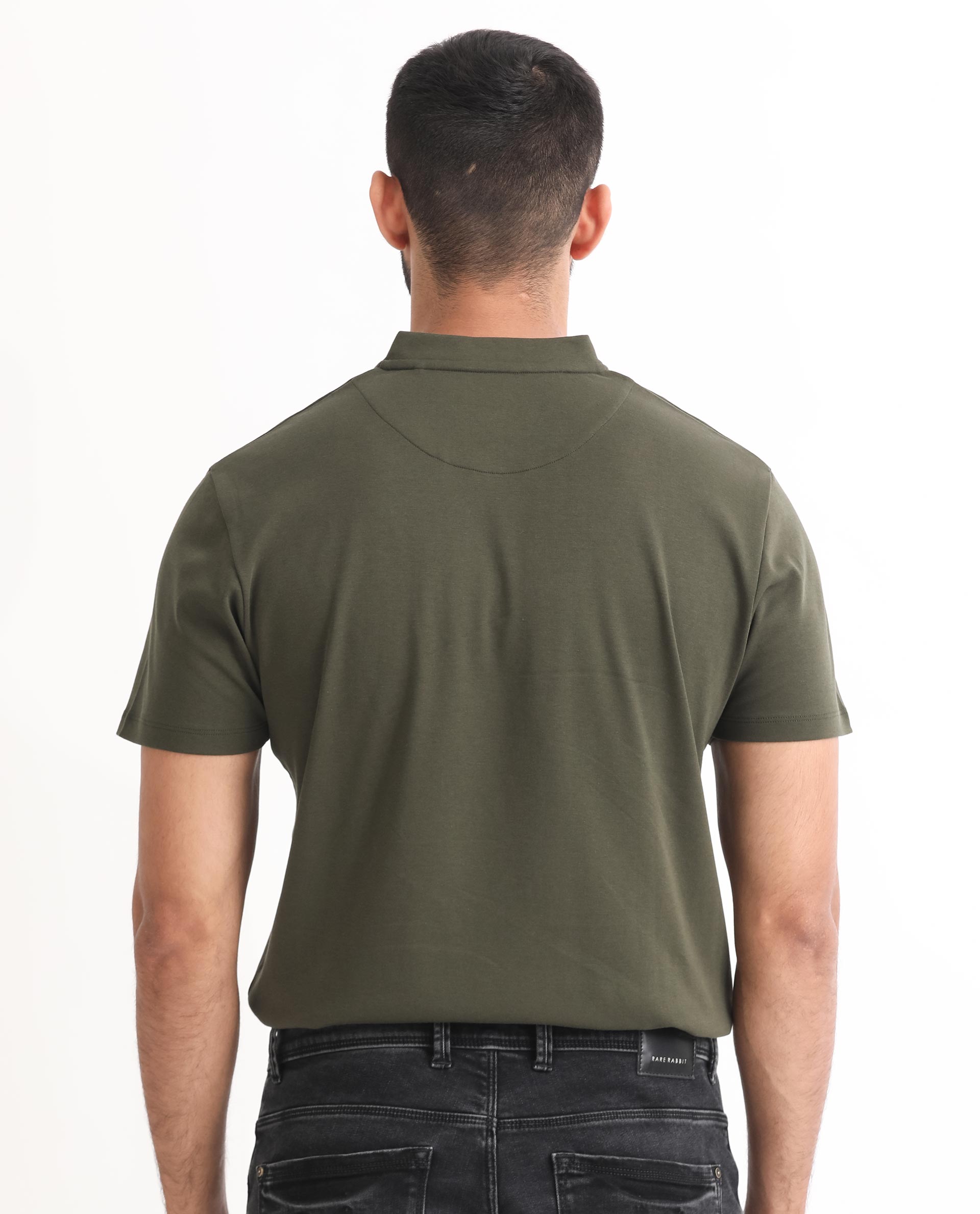 Rare Rabbit Men's Temper Olive Cotton Fabric Baseball Stand Collared Neck Zipper Closure Half Sleeves Polo T-Shirt