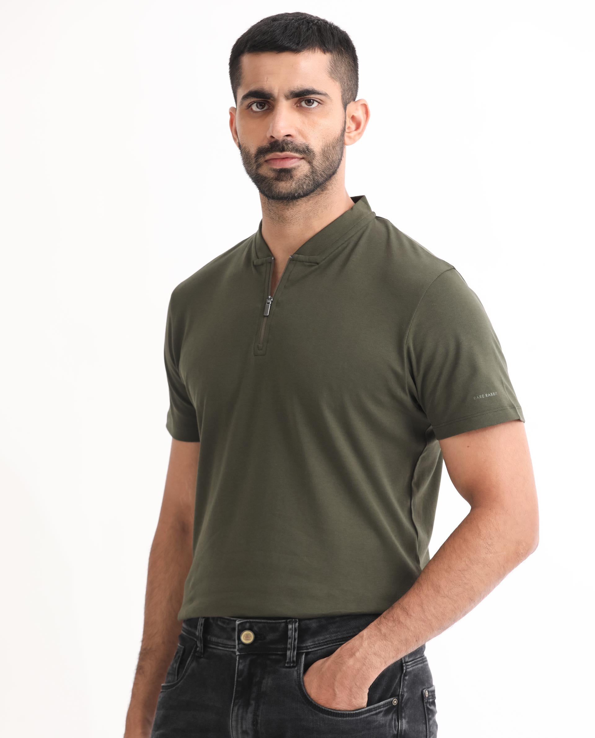 Rare Rabbit Men's Temper Olive Cotton Fabric Baseball Stand Collared Neck Zipper Closure Half Sleeves Polo T-Shirt