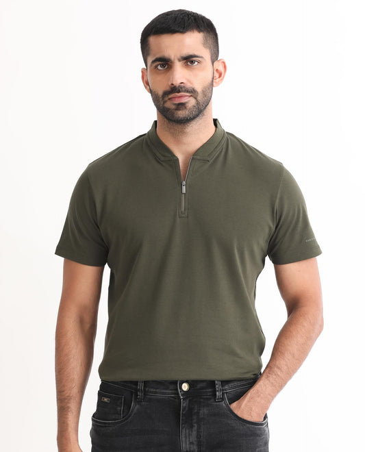 Rare Rabbit Men's Temper Olive Cotton Fabric Baseball Stand Collared Neck Zipper Closure Half Sleeves Polo T-Shirt