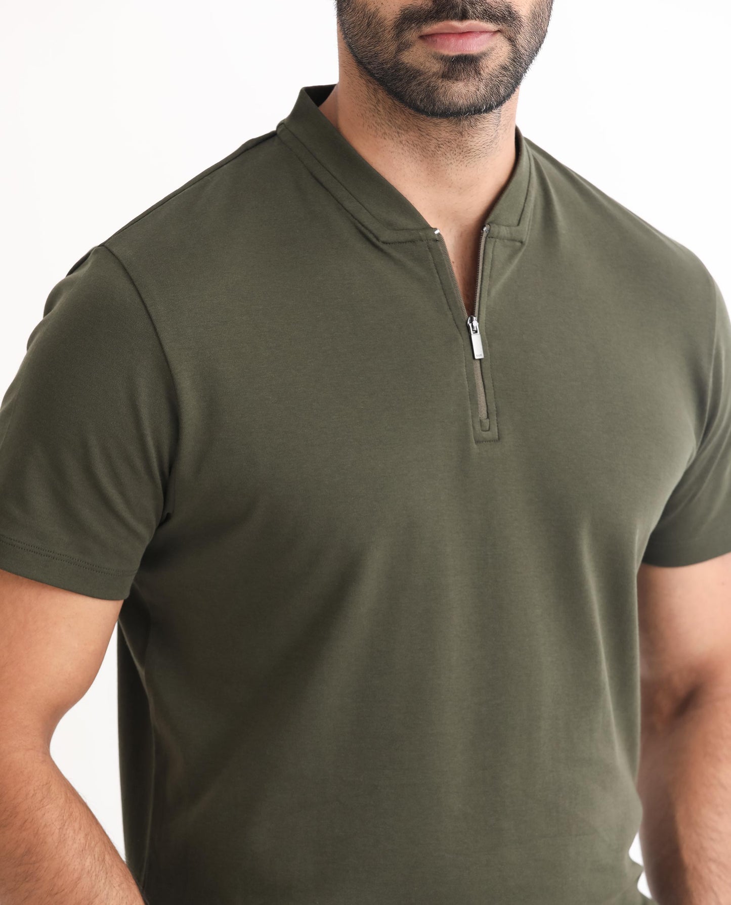 Rare Rabbit Men's Temper Olive Cotton Fabric Baseball Stand Collared Neck Zipper Closure Half Sleeves Polo T-Shirt