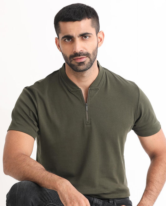Rare Rabbit Men's Temper Olive Cotton Fabric Baseball Stand Collared Neck Zipper Closure Half Sleeves Polo T-Shirt