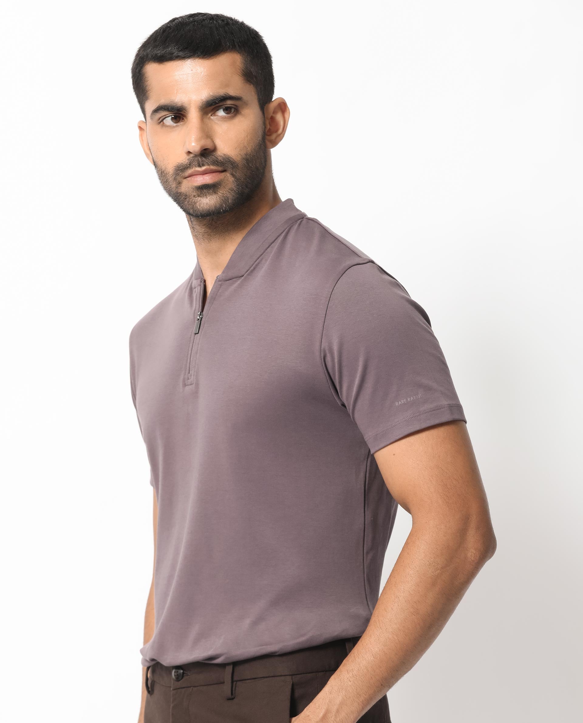 Rare Rabbit Men's Temper Purple Cotton Fabric Baseball Stand Collared Zipper Closure Neck Half Sleeves Polo T-Shirt