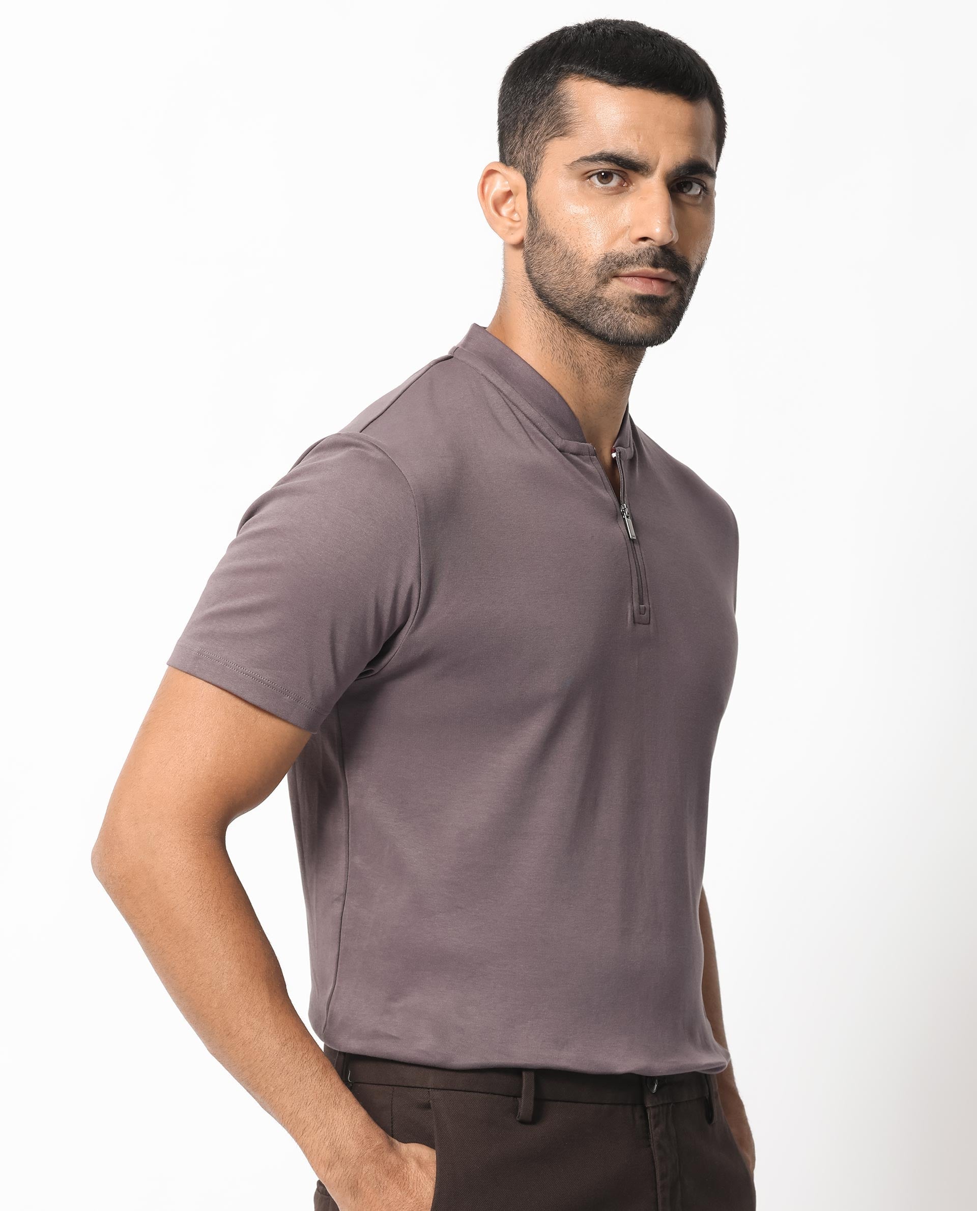 Rare Rabbit Men's Temper Purple Cotton Fabric Baseball Stand Collared Zipper Closure Neck Half Sleeves Polo T-Shirt