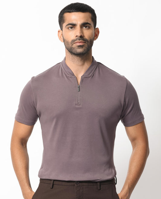 Rare Rabbit Men's Temper Purple Cotton Fabric Baseball Stand Collared Zipper Closure Neck Half Sleeves Polo T-Shirt