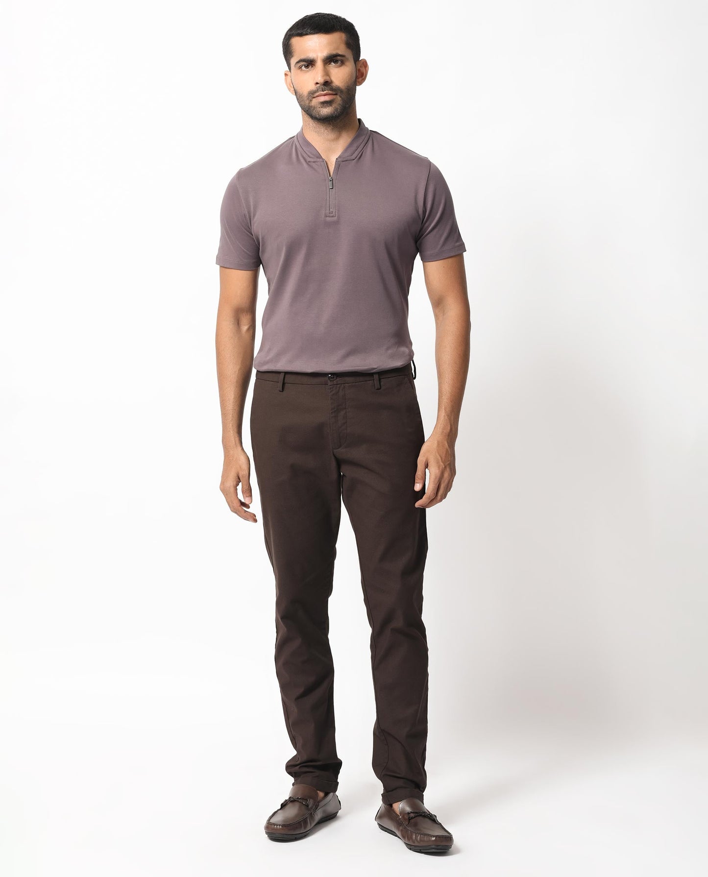 Rare Rabbit Men's Temper Purple Cotton Fabric Baseball Stand Collared Zipper Closure Neck Half Sleeves Polo T-Shirt