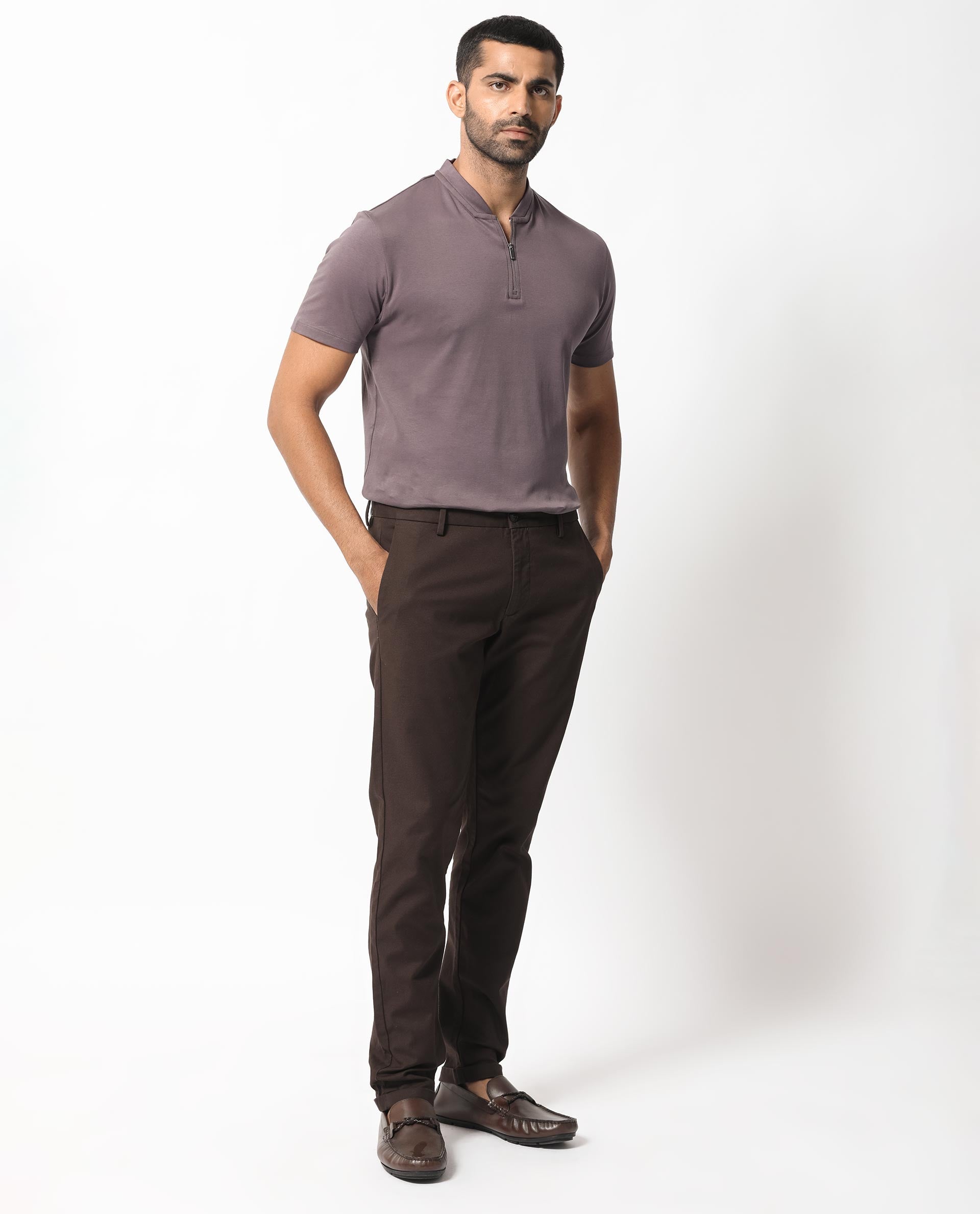 Rare Rabbit Men's Temper Purple Cotton Fabric Baseball Stand Collared Zipper Closure Neck Half Sleeves Polo T-Shirt