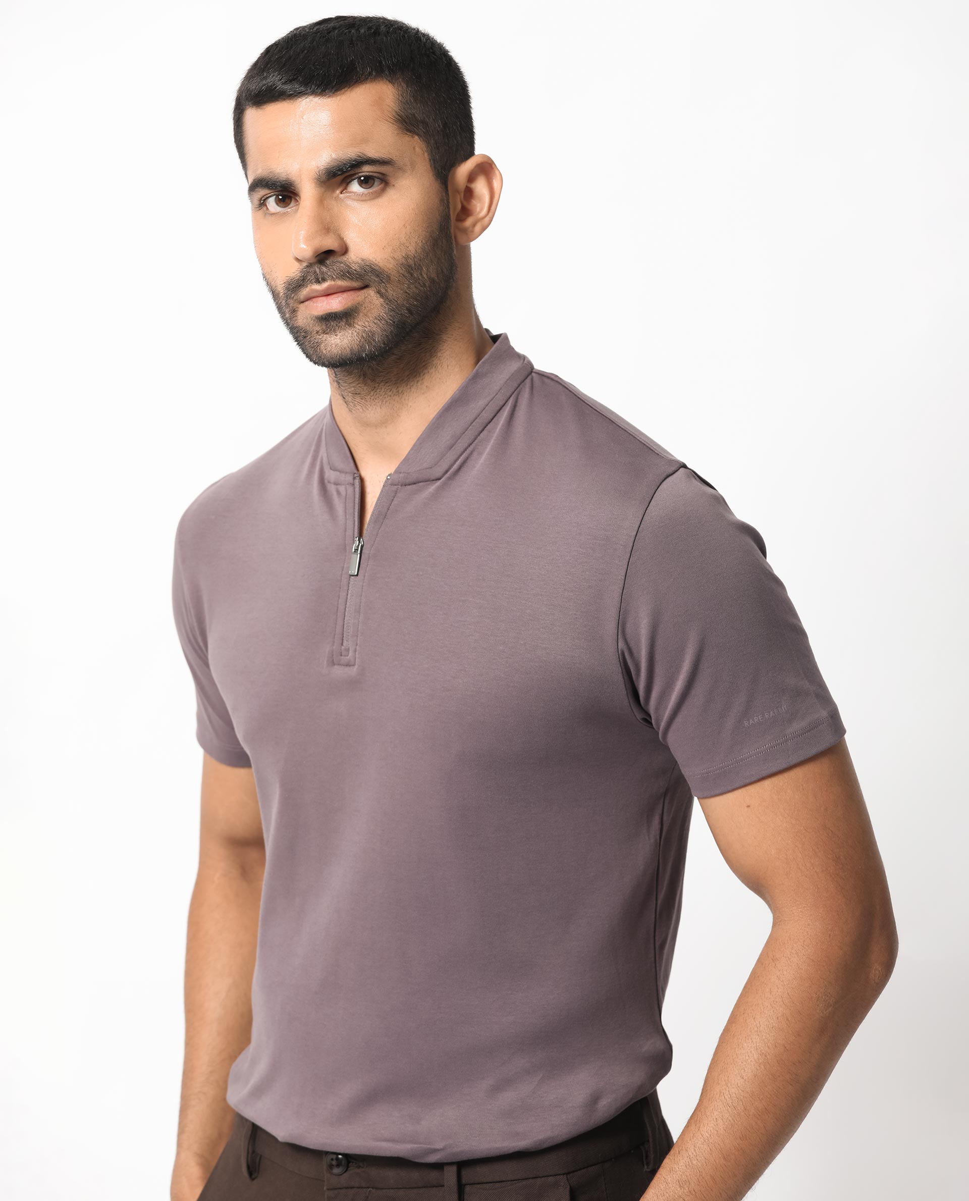Rare Rabbit Men's Temper Purple Cotton Fabric Baseball Stand Collared Zipper Closure Neck Half Sleeves Polo T-Shirt