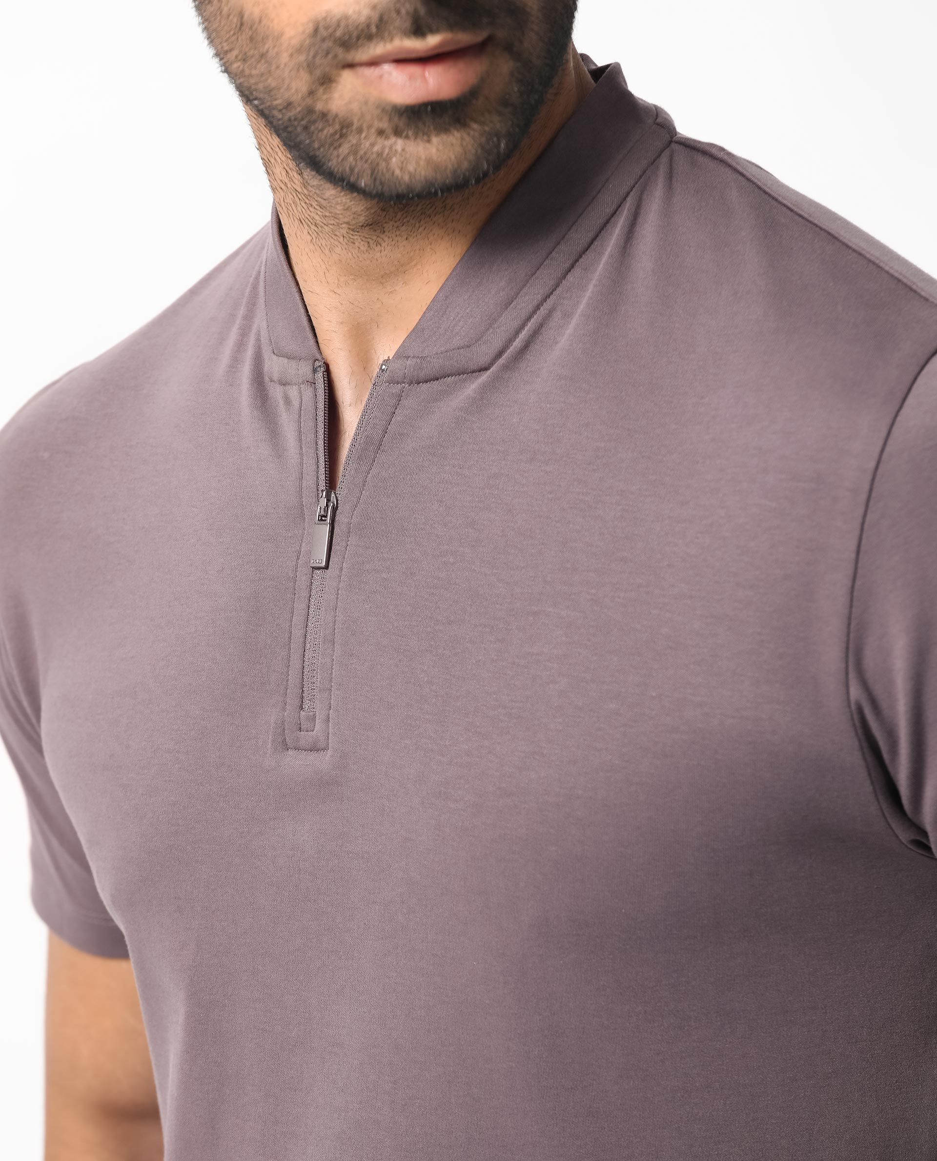 Rare Rabbit Men's Temper Purple Cotton Fabric Baseball Stand Collared Zipper Closure Neck Half Sleeves Polo T-Shirt