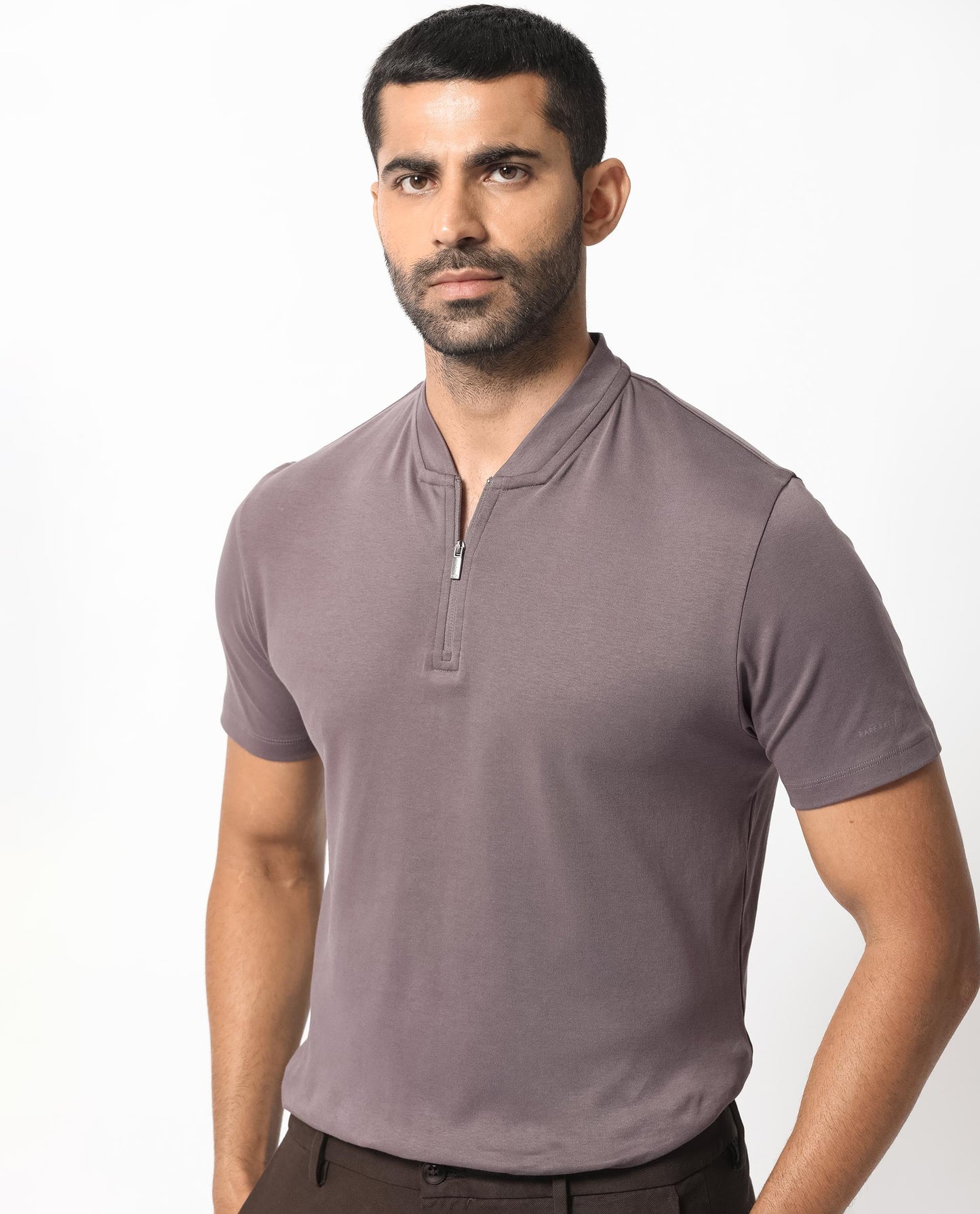 Rare Rabbit Men's Temper Purple Cotton Fabric Baseball Stand Collared Zipper Closure Neck Half Sleeves Polo T-Shirt