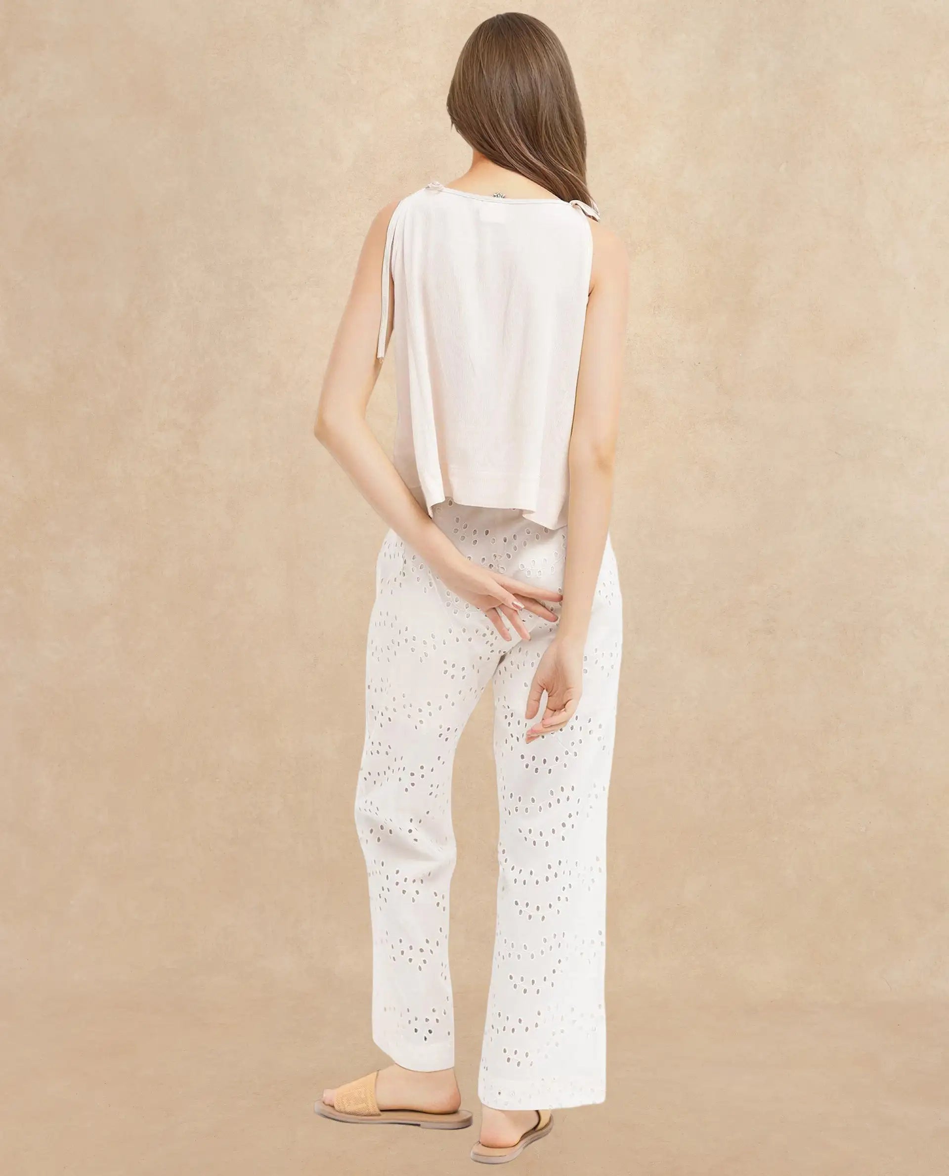 Rareism Women Terni Off White Elegant Lace Detail Top With Strap Tie-Up