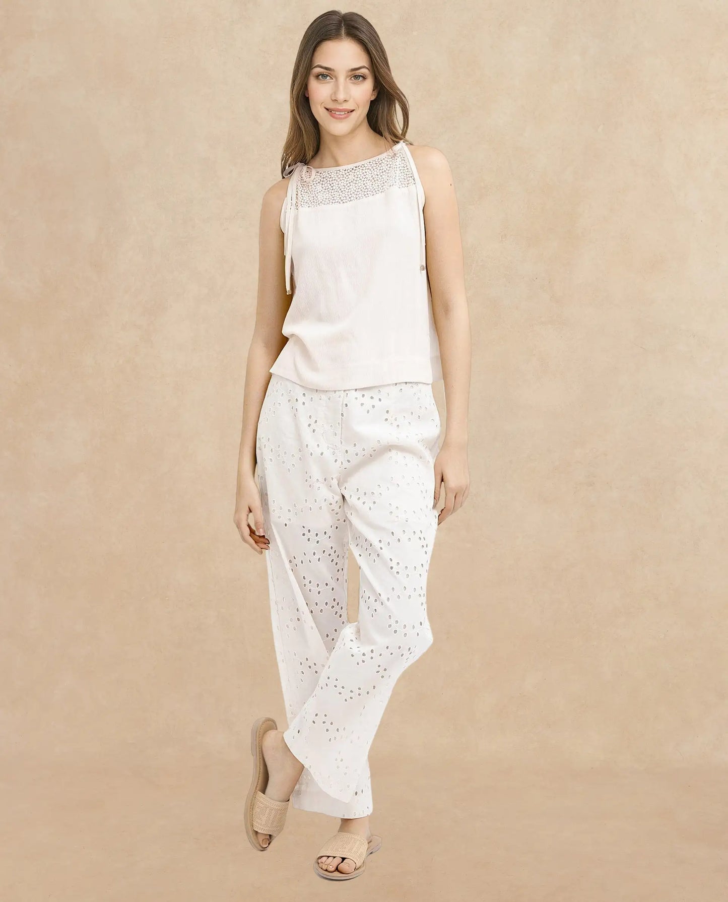 Rareism Women Terni Off White Elegant Lace Detail Top With Strap Tie-Up