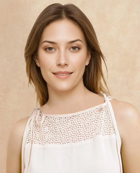Rareism Women Terni Off White Elegant Lace Detail Top With Strap Tie-Up