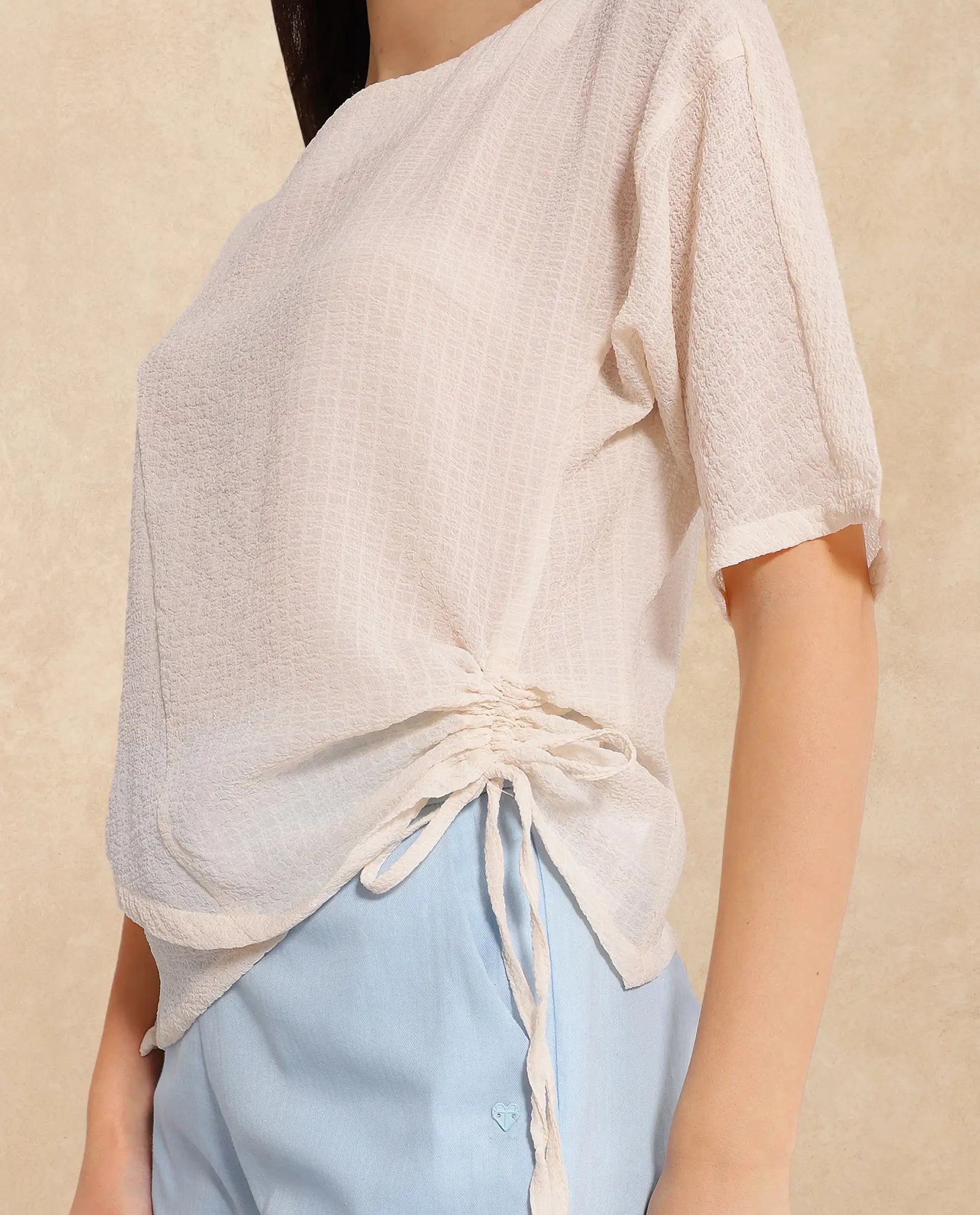 Rareism Women Texmer Beige Short Sleeve Boat Neck Plain Top