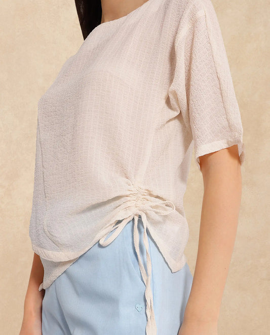 Rareism Women Texmer Beige Short Sleeve Boat Neck Plain Top