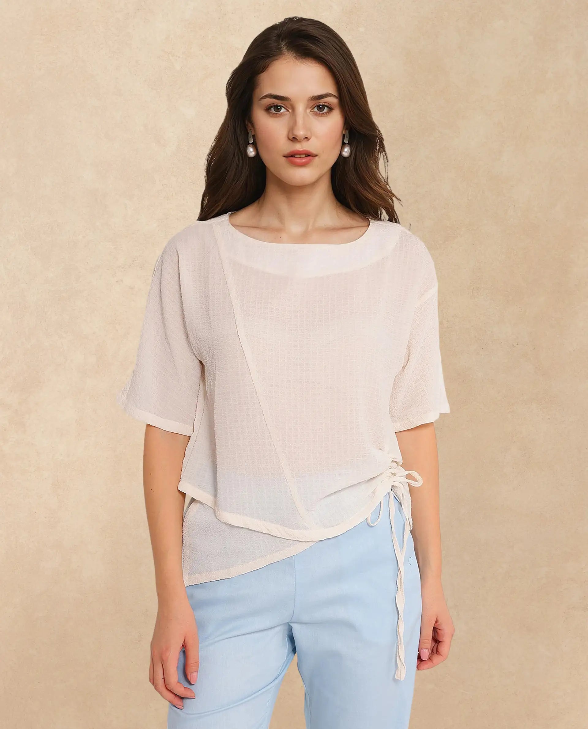 Rareism Women Texmer Beige Short Sleeve Boat Neck Plain Top