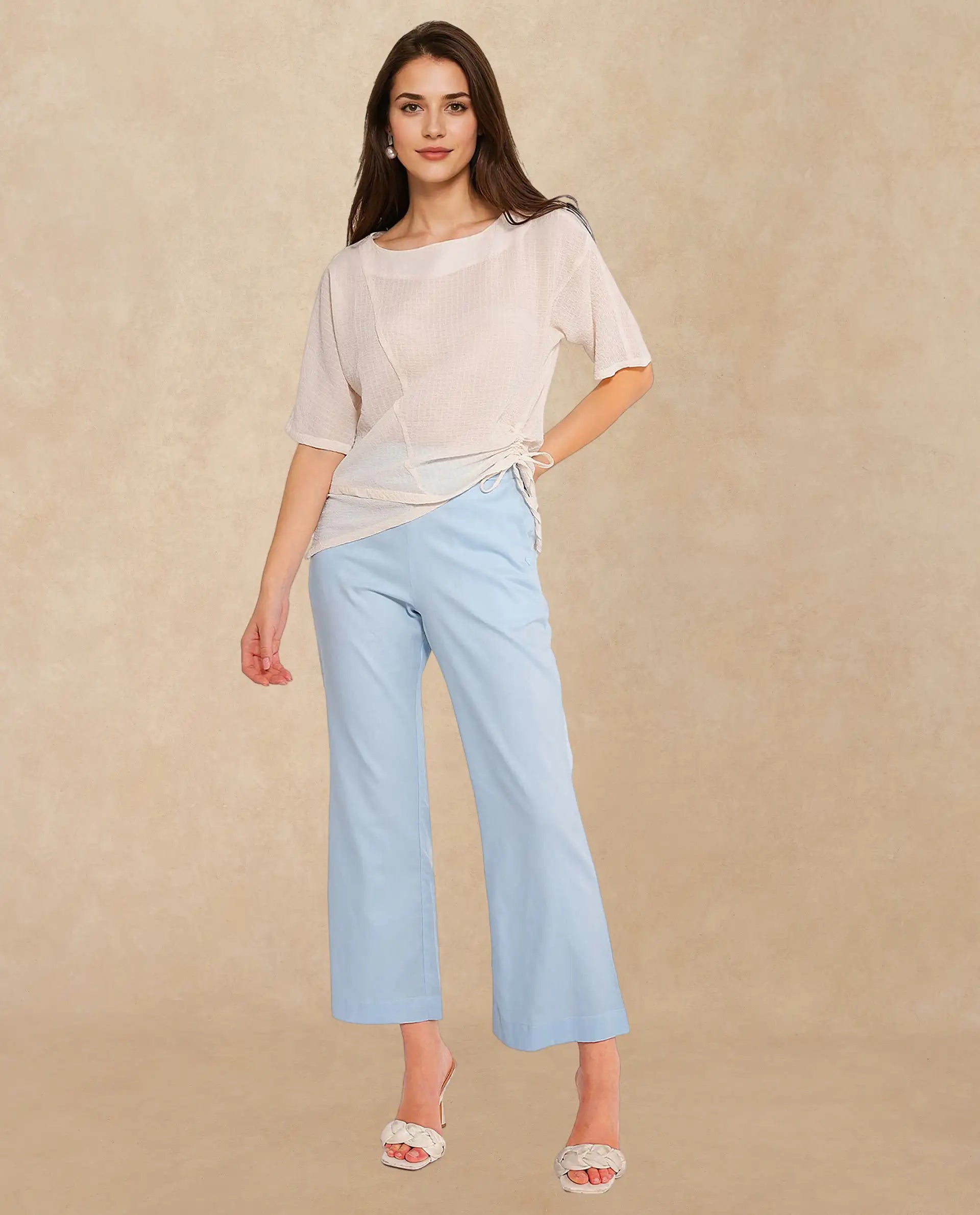 Rareism Women Texmer Beige Short Sleeve Boat Neck Plain Top