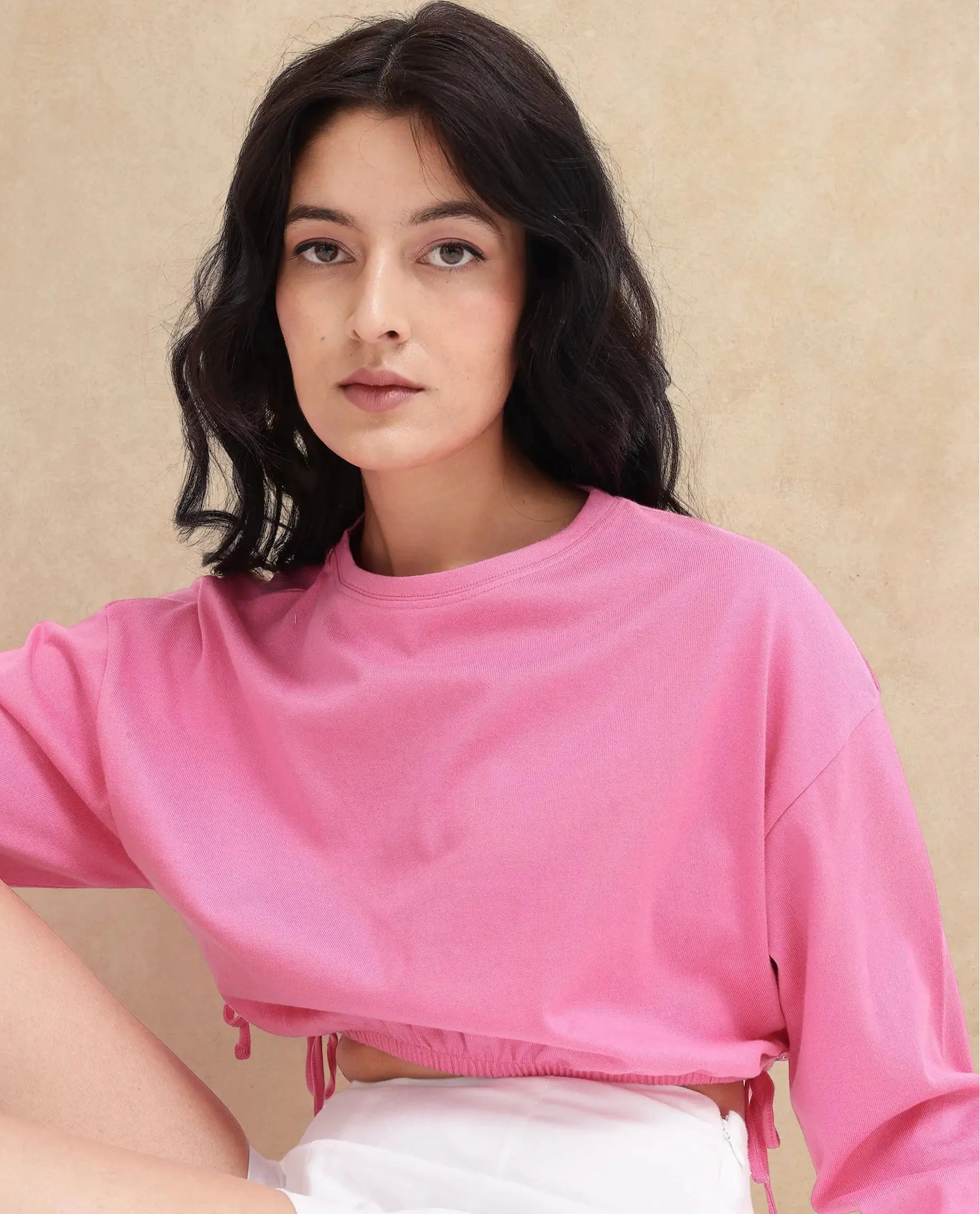 Rareism Women Thistle Pink Cotton Fabric Full Sleeve Crew Neck Solid Regular Fit Top