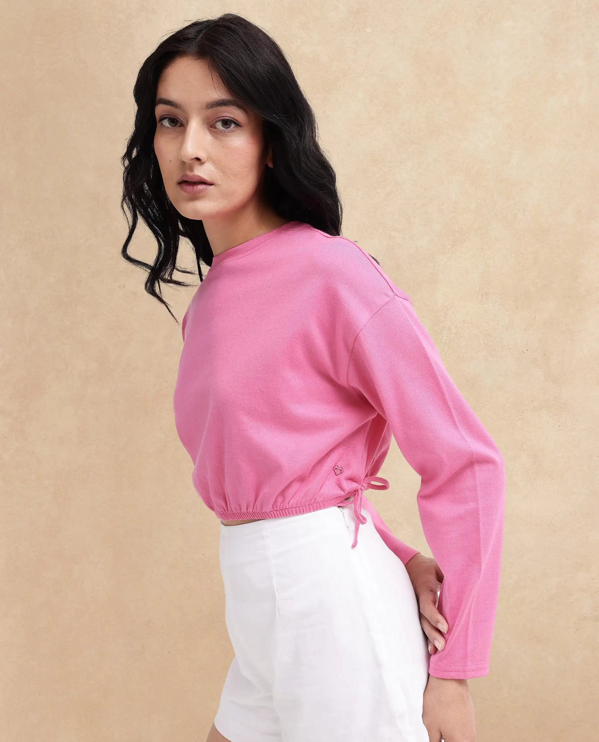 Rareism Women Thistle Pink Cotton Fabric Full Sleeve Crew Neck Solid Regular Fit Top