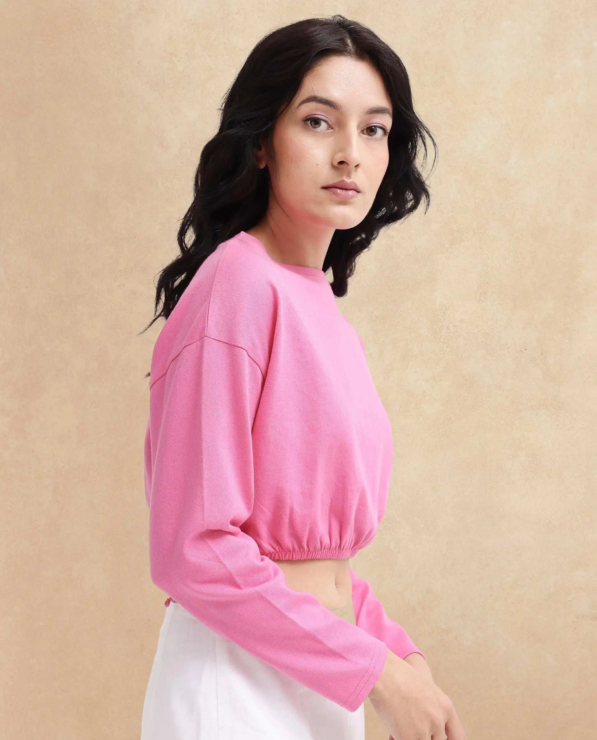 Rareism Women Thistle Pink Cotton Fabric Full Sleeve Crew Neck Solid Regular Fit Top