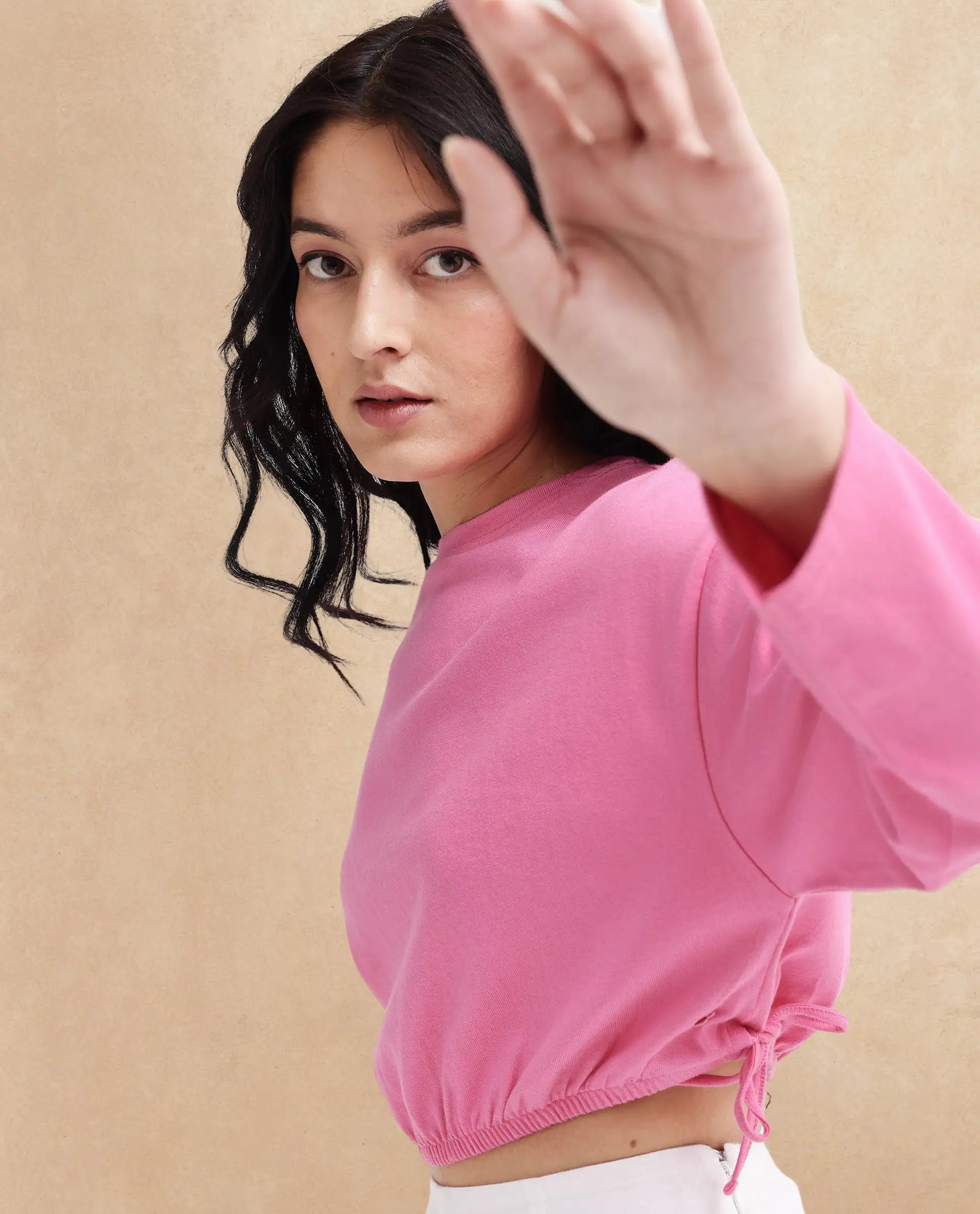 Rareism Women Thistle Pink Cotton Fabric Full Sleeve Crew Neck Solid Regular Fit Top