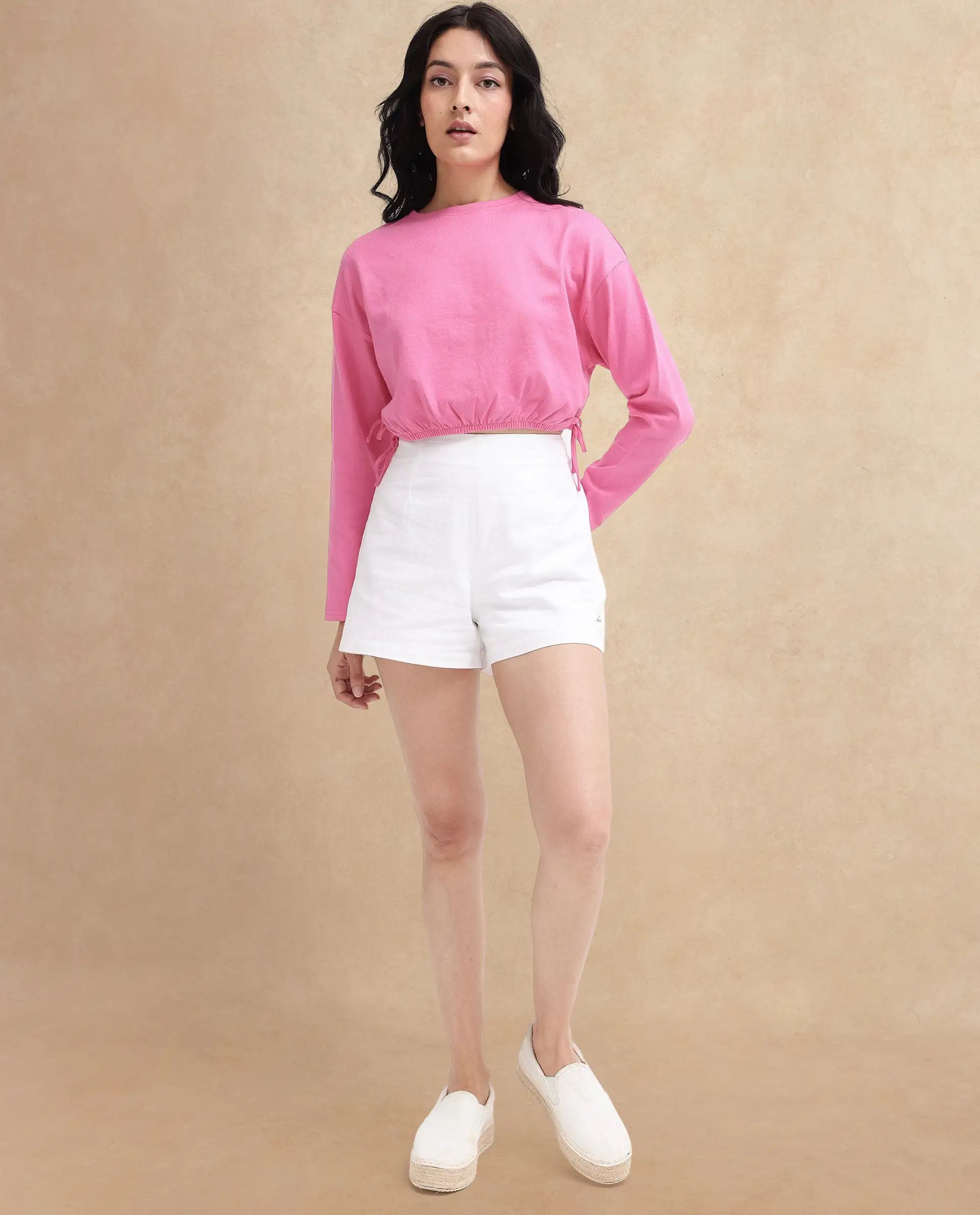 Rareism Women Thistle Pink Cotton Fabric Full Sleeve Crew Neck Solid Regular Fit Top