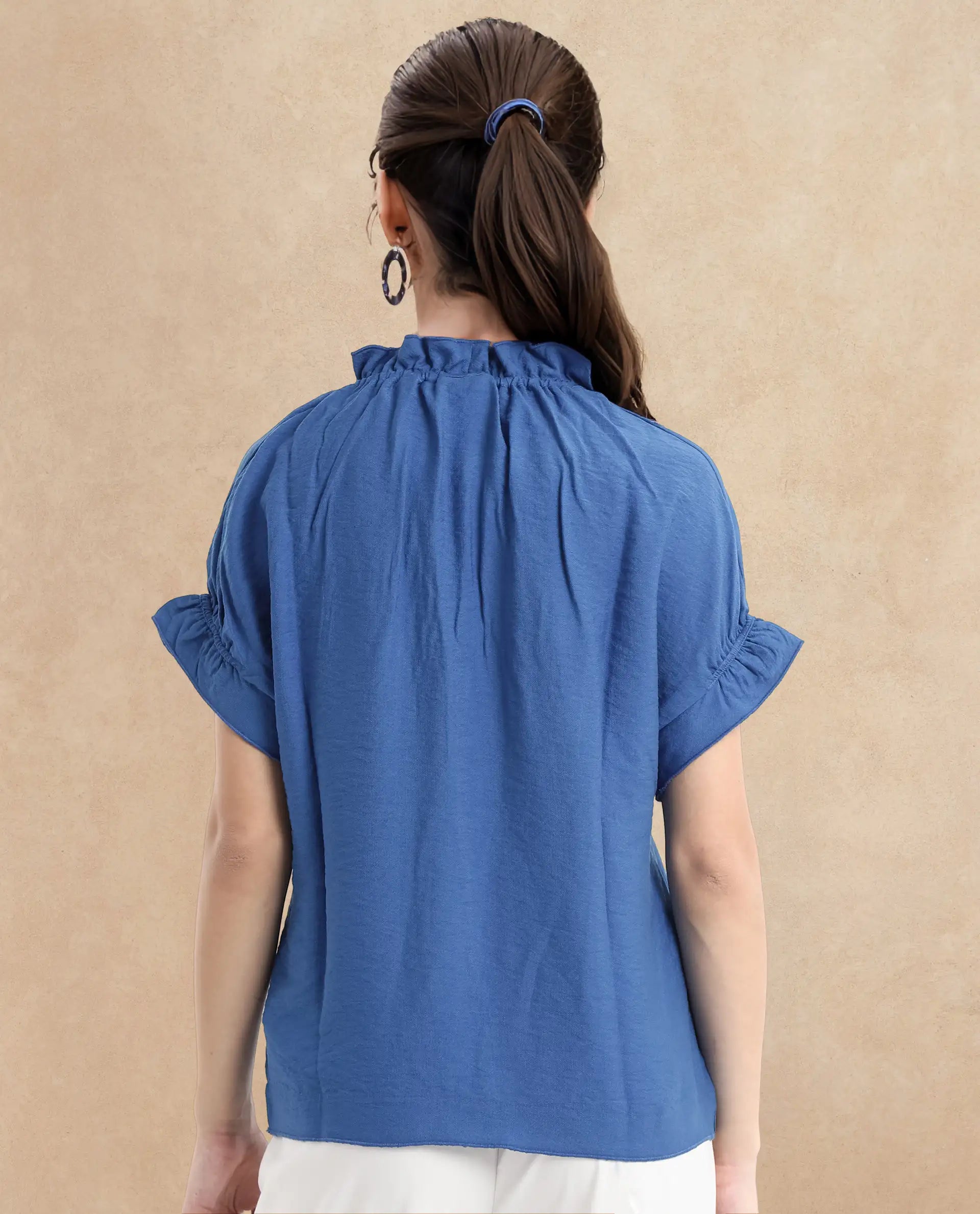 Rareism Women Tichi Blue Extended Sleeves V-Neck Plain Top
