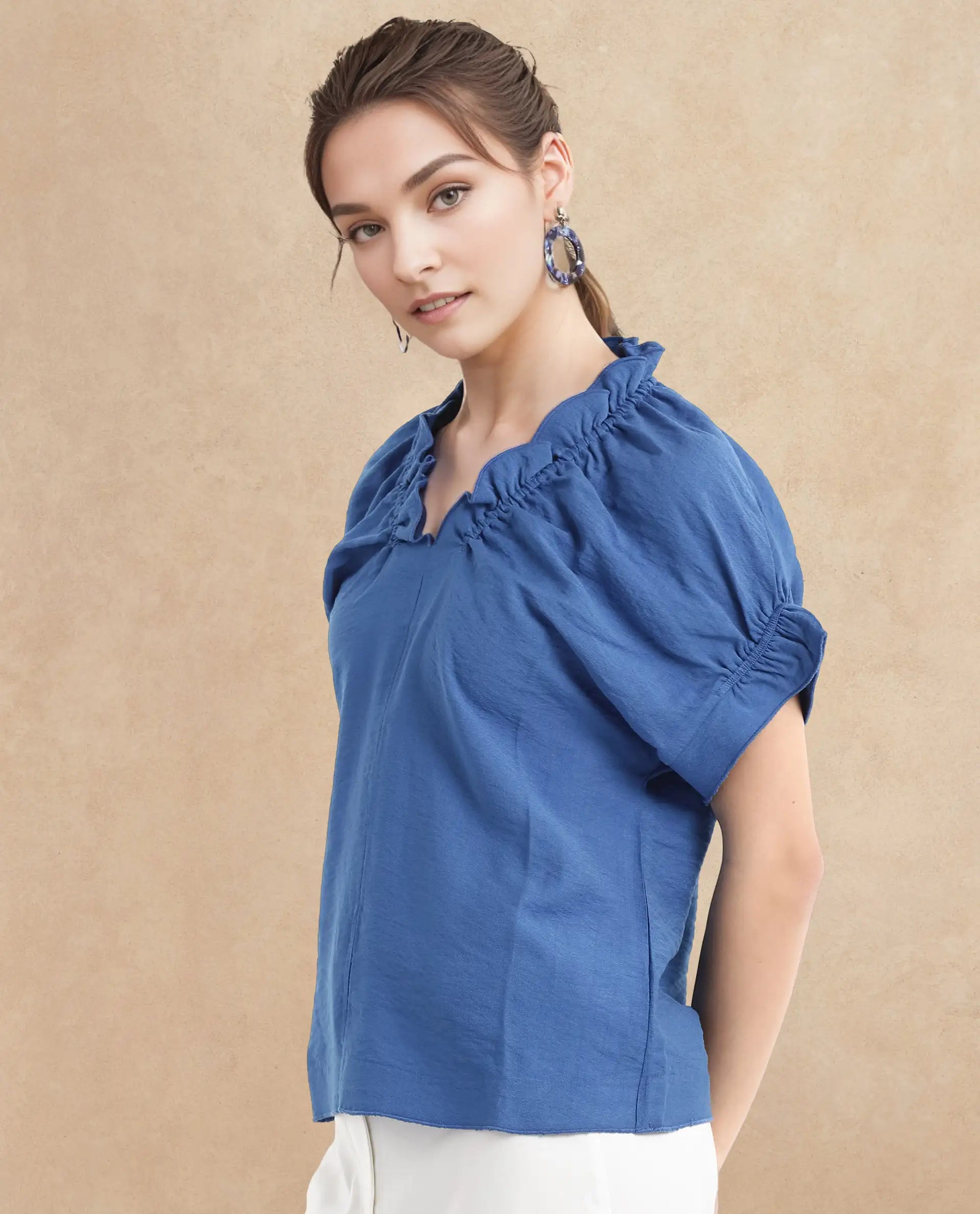 Rareism Women Tichi Blue Extended Sleeves V-Neck Plain Top