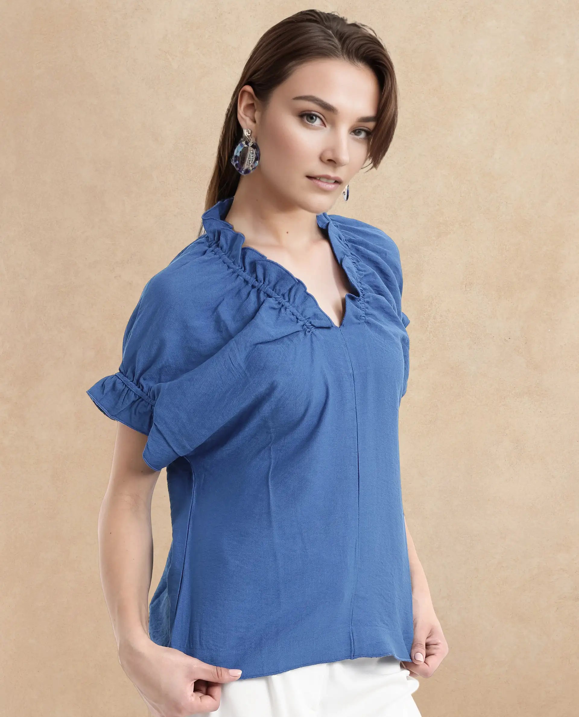 Rareism Women Tichi Blue Extended Sleeves V-Neck Plain Top