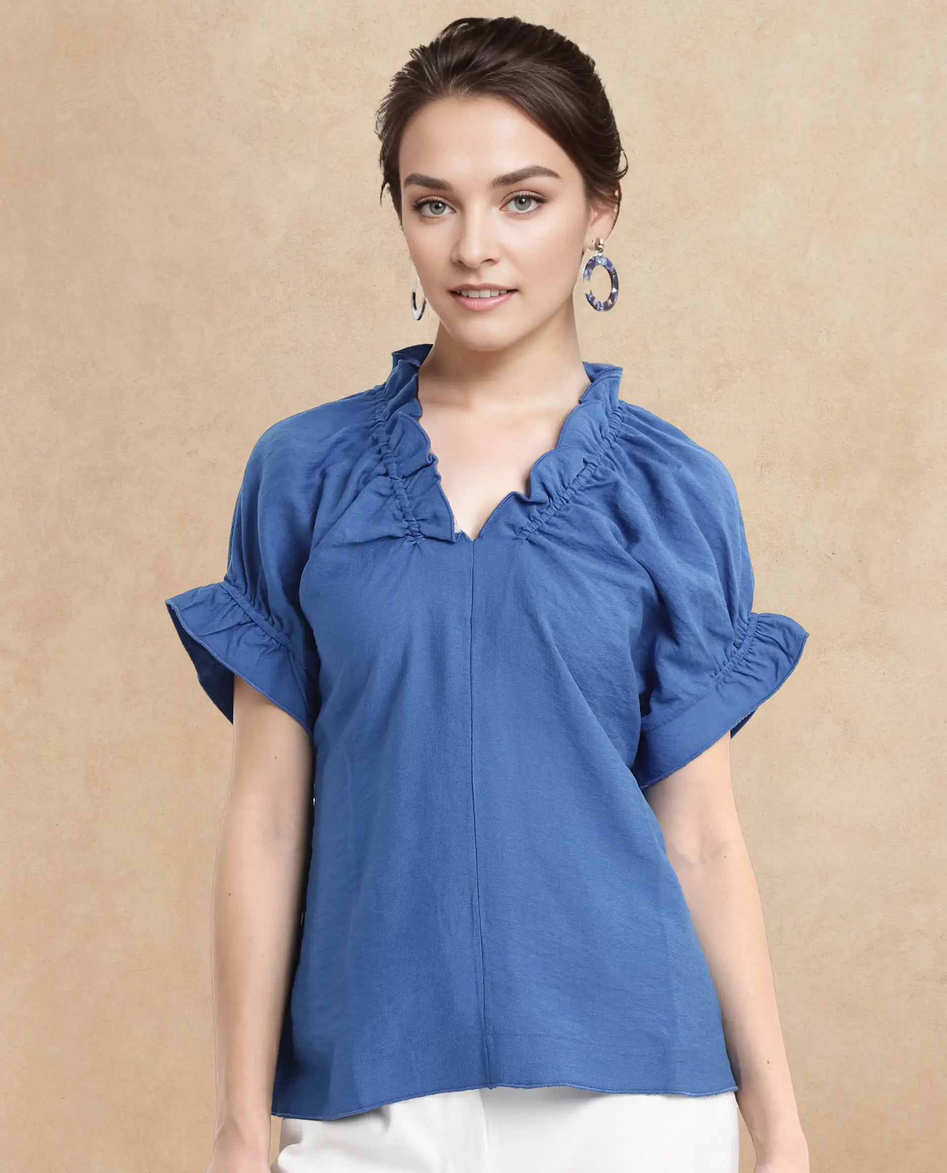Rareism Women Tichi Blue Extended Sleeves V-Neck Plain Top