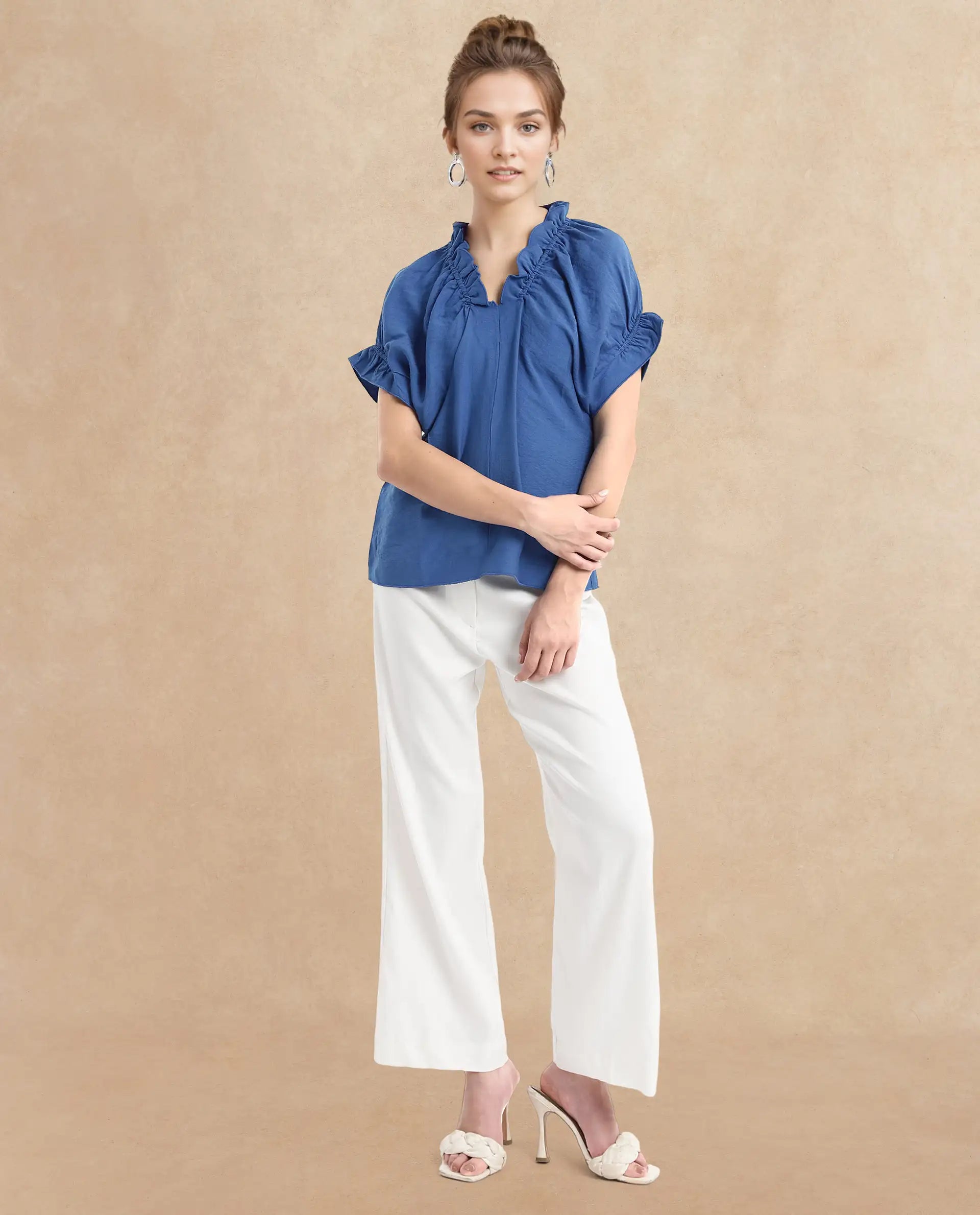 Rareism Women Tichi Blue Extended Sleeves V-Neck Plain Top