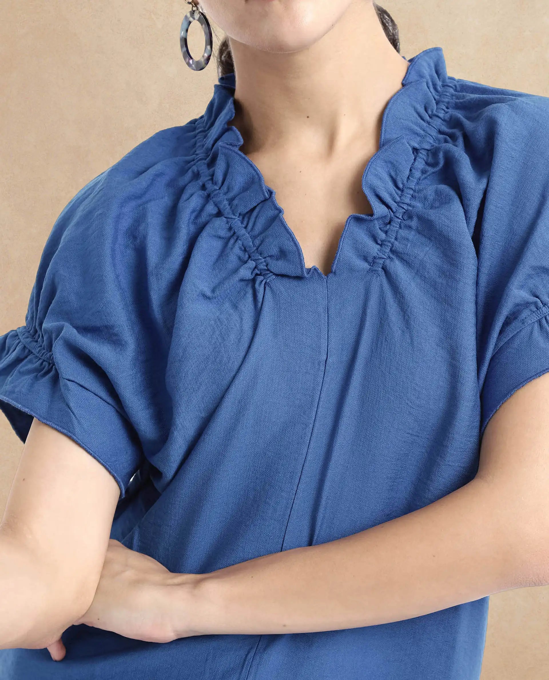 Rareism Women Tichi Blue Extended Sleeves V-Neck Plain Top